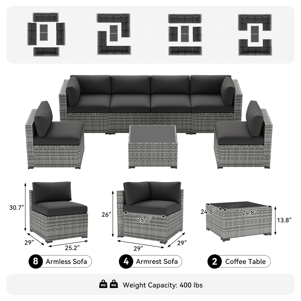 LazySunsets 7-Piece Patio Furniture Set, Wicker Rattan Outdoor Furniture with Thick Cushions, Patio Conversation Sets with Coffee Table, Outdoor Sectional Couch Sofa with Waterproof Cover