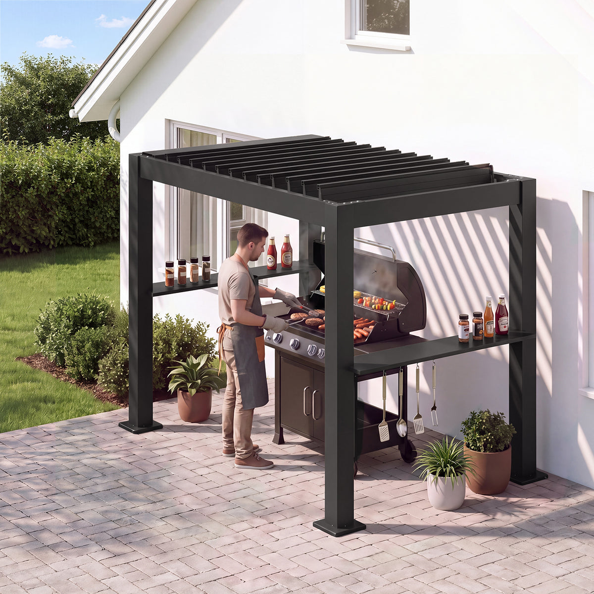 Aoxun 8x5 Grill Pergola, Louvered Pergola with 2 Side Shelves, Gray，Adjustable Louvered Roof 0-90° | Hidden Drainage System | Galvanized Steel Frame | Outdoor BBQ Station | 3.8" Thick Posts