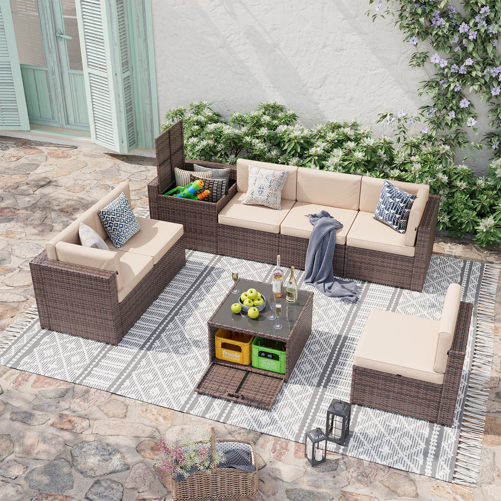 Aoxun 8 Piece Patio Furniture Set, Wicker Rattan Outdoor Furniture with Large Storage Table, Patio Conversation Sets with Waterproof Cover, Outdoor Sectional Sofa for Backyard