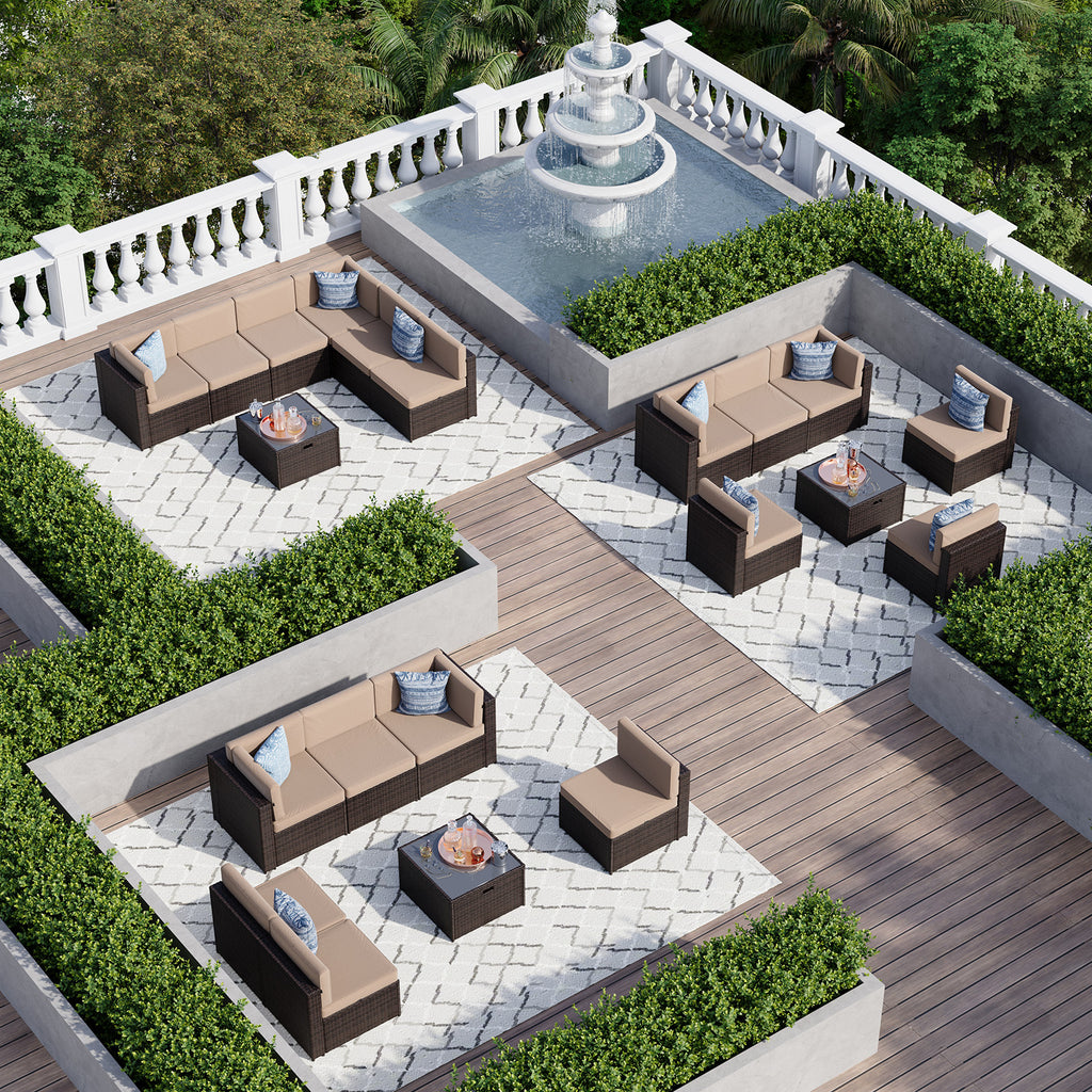 Aoxun 7 Piece Patio Furniture Set, All-Weather Wicker Outdoor Furniture 6 Seats Patio Conversation Sets with Storage Coffee Table, Outdoor Sectional Sofas for Backyard Garden(Brown/Khaki)