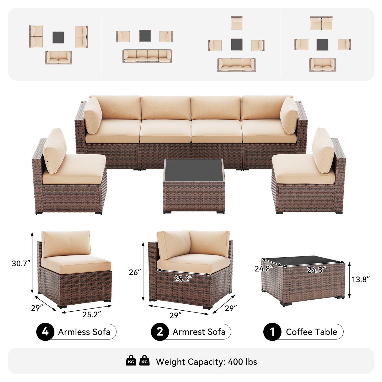 LazySunsets 7-Piece Patio Furniture Set, Wicker Rattan Outdoor Furniture with Thick Cushions, Patio Conversation Sets with Coffee Table, Outdoor Sectional Couch Sofa with Waterproof Cover