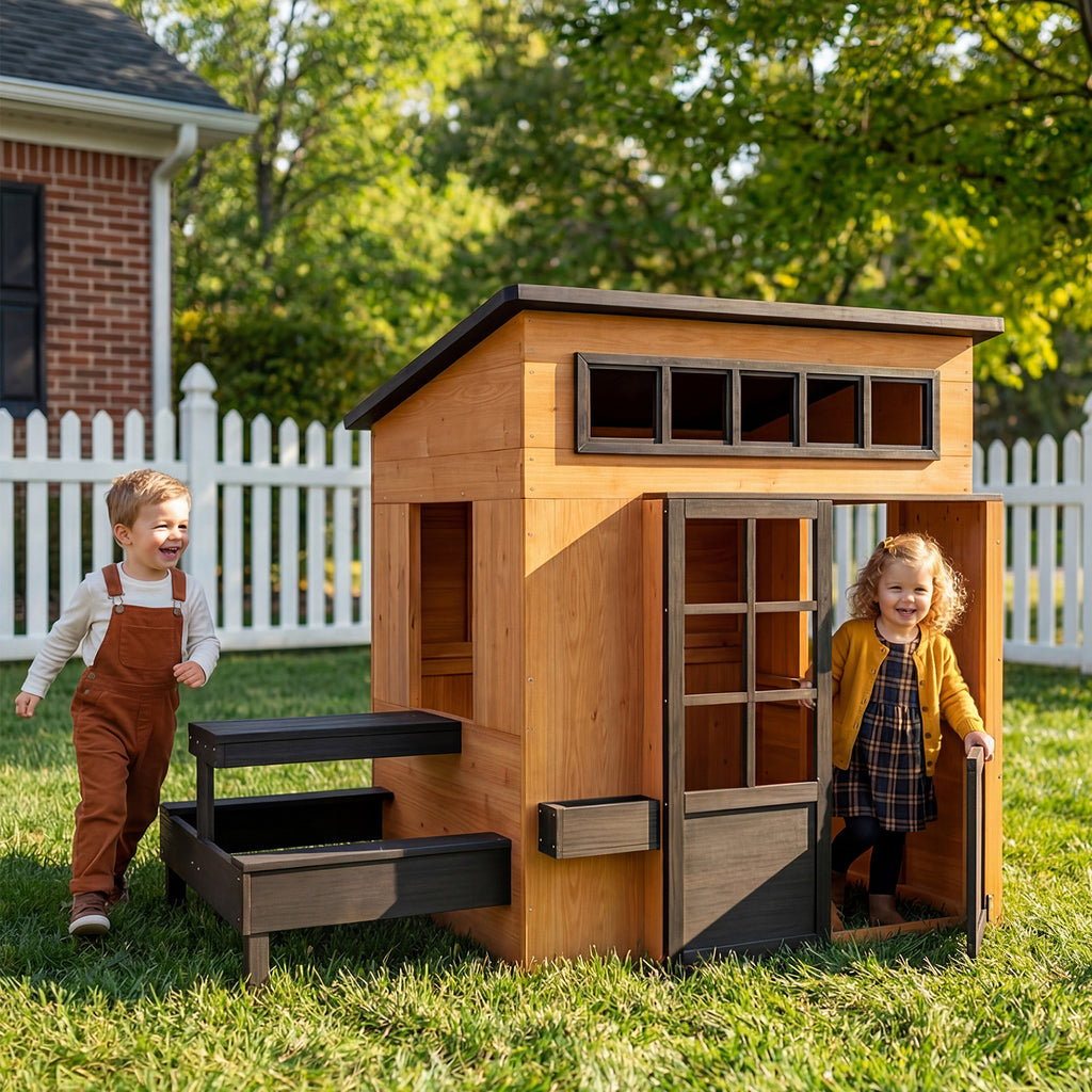 Outdoor Playhouse - Modern Fir Wooden Playhouse for Kids Outdoor with Play Kitchen, Outside Table, Chalkboard, Half Door, Windows, Flower Box, Indoor Outdoor Imaginative Play for Ages 3-8,