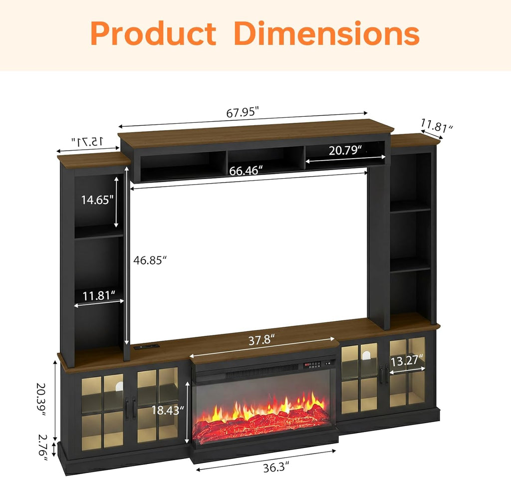 Breezestival Black Farmhouse TV Stand with Fireplace, Entertainment Center, 98" Wall Unit Media Console with Bookshelf, Cabinet &amp; Power Outlets &amp; Barn Doors, Fits TVs Up to 75” for Living Room