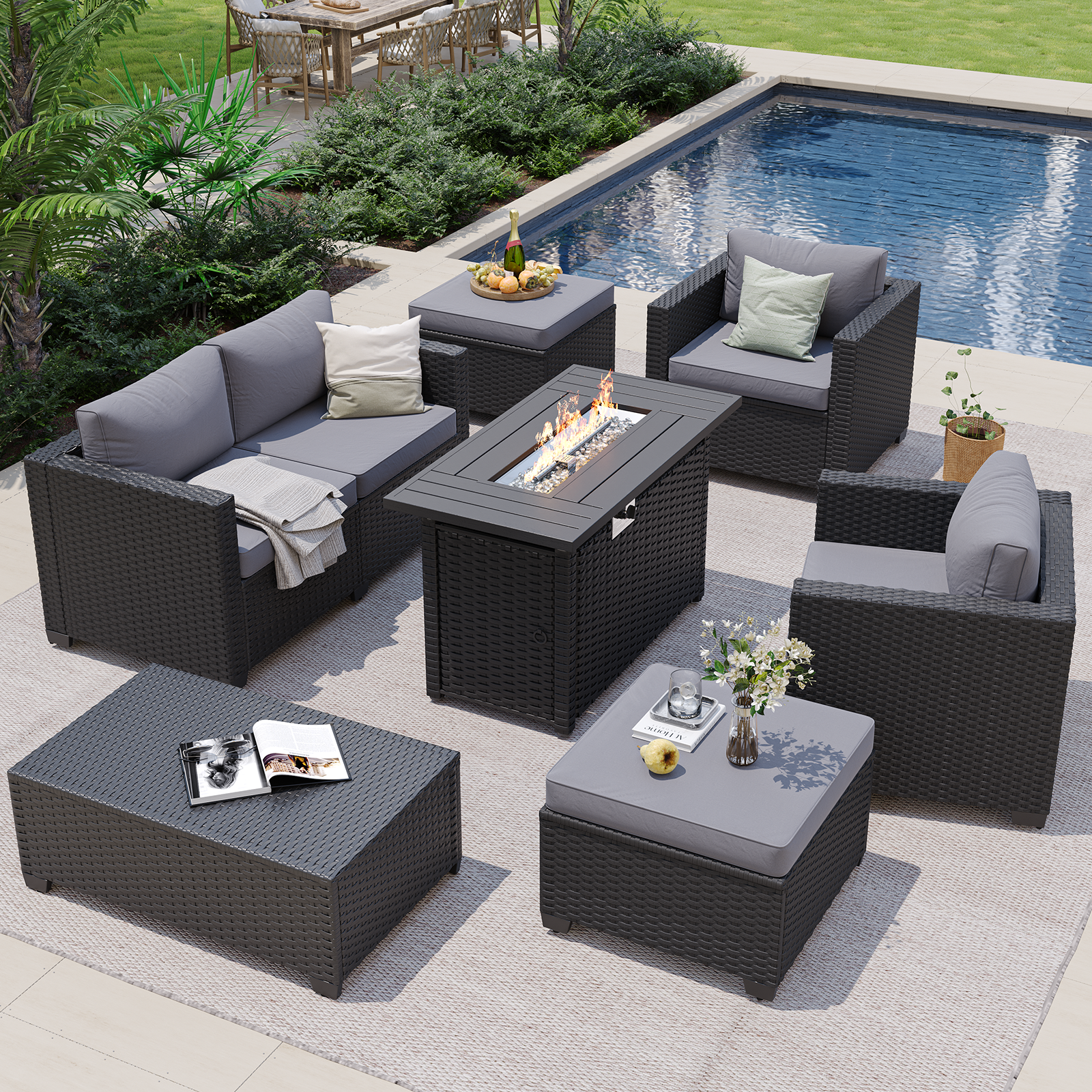 Aoxun Patio Furniture Set with Fire Pit Table, 6 Seats Outdoor Furniture Set with Wicker Ottomans, Rattan Outdoor Sectional Sofa with Thickened Cushion & Waterproof Cover Navy Blue