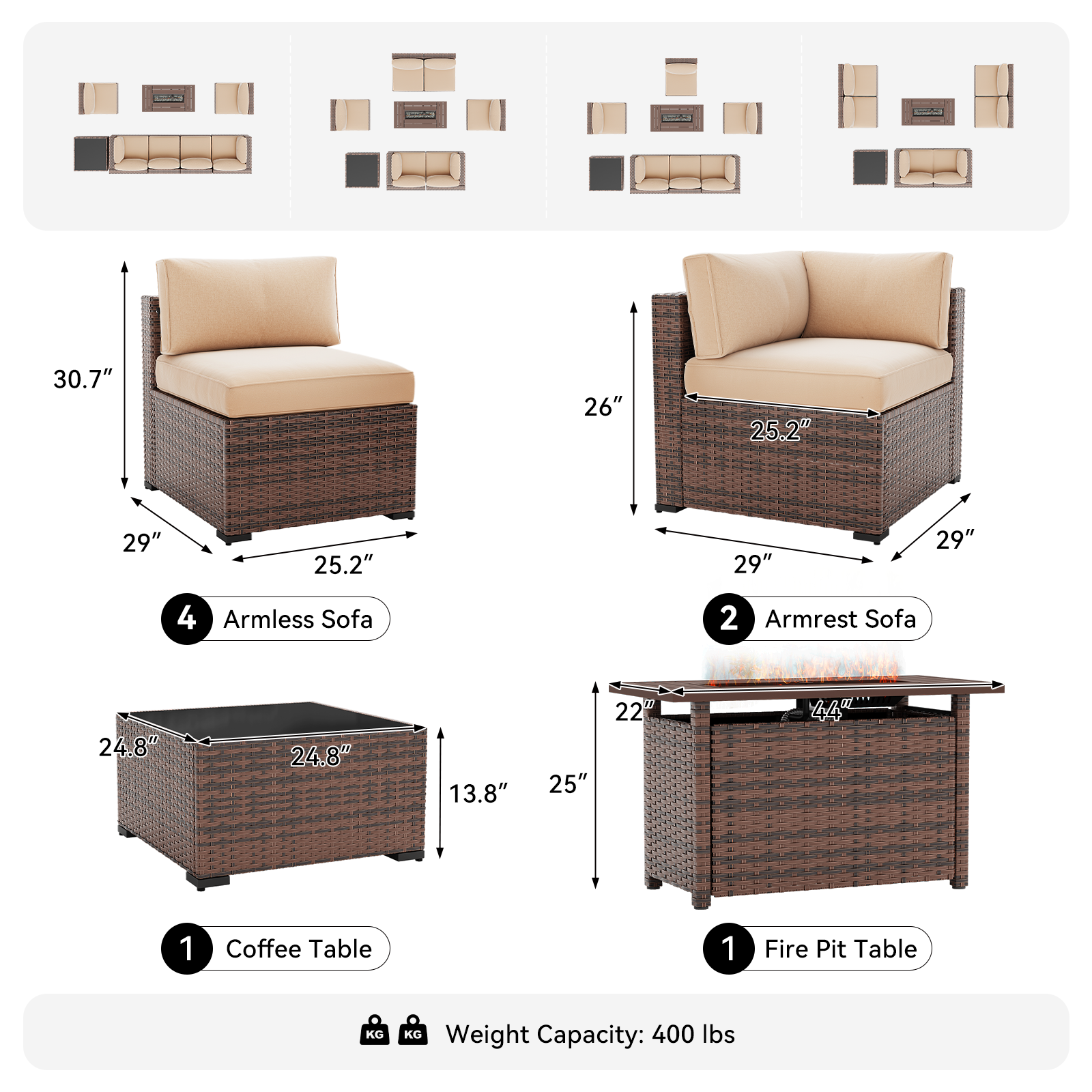 LazySunsets 7-Piece Patio Furniture Set, Wicker Rattan Outdoor Furniture with Thick Cushions, Patio Conversation Sets with Coffee Table, Outdoor Sectional Couch Sofa with Waterproof Cover