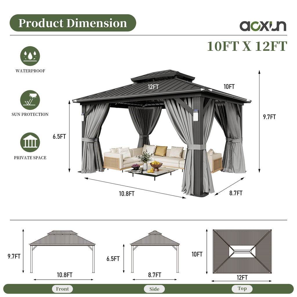 Aoxun 10'x12' Hardtop Gazebo with 4 LED Lights, Outdoor Gazebo with Galvanized Steel Double Roof, Patio Gazebo with Breathable Netting & Privacy Curtain, Decor Hooks for Backyard, Gray