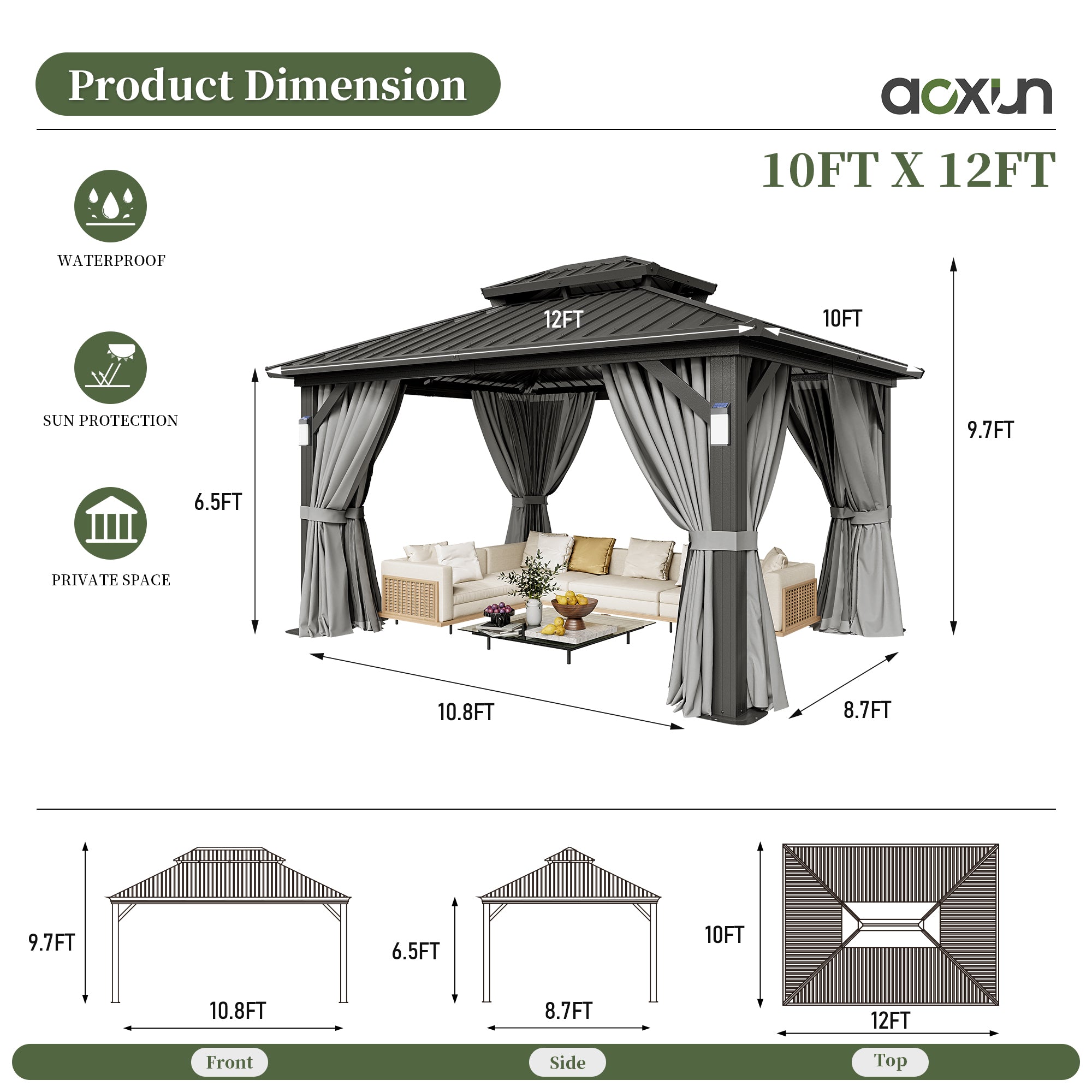 Aoxun 10'x12' Hardtop Gazebo with 4 LED Lights, Outdoor Gazebo with Galvanized Steel Double Roof, Patio Gazebo with Breathable Netting & Privacy Curtain, Decor Hooks for Backyard, Gray