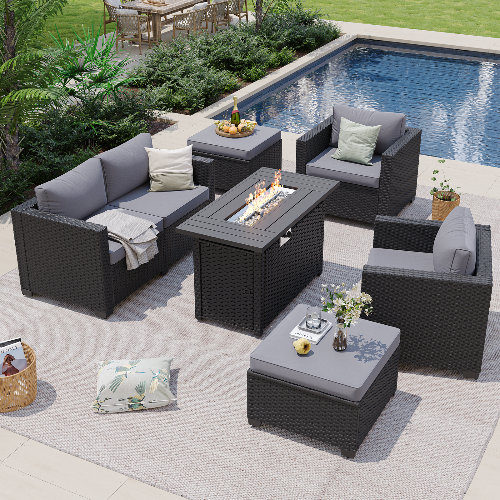 Aoxun Patio Furniture Set with Fire Pit Table, 6 Seats Outdoor Furniture Set with Wicker Ottomans, Rattan Outdoor Sectional Sofa with Thickened Cushion & Waterproof Cover Navy Blue