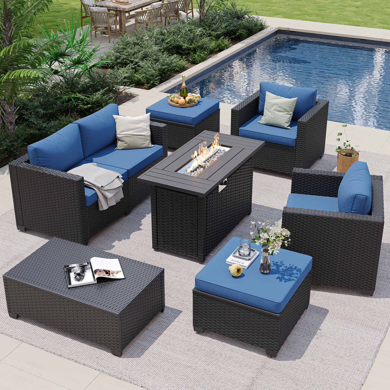 Aoxun Patio Furniture Set with Fire Pit Table, 6 Seats Outdoor Furniture Set with Wicker Ottomans, Rattan Outdoor Sectional Sofa with Thickened Cushion & Waterproof Cover Navy Blue