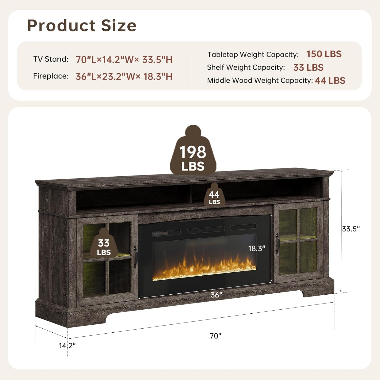 Nordivale 70" Fireplace TV Stand, Modern Entertainment Center for TVs Up to 80”, TV Console with Storage Cabinets, Media Console for Living Room, Gray...