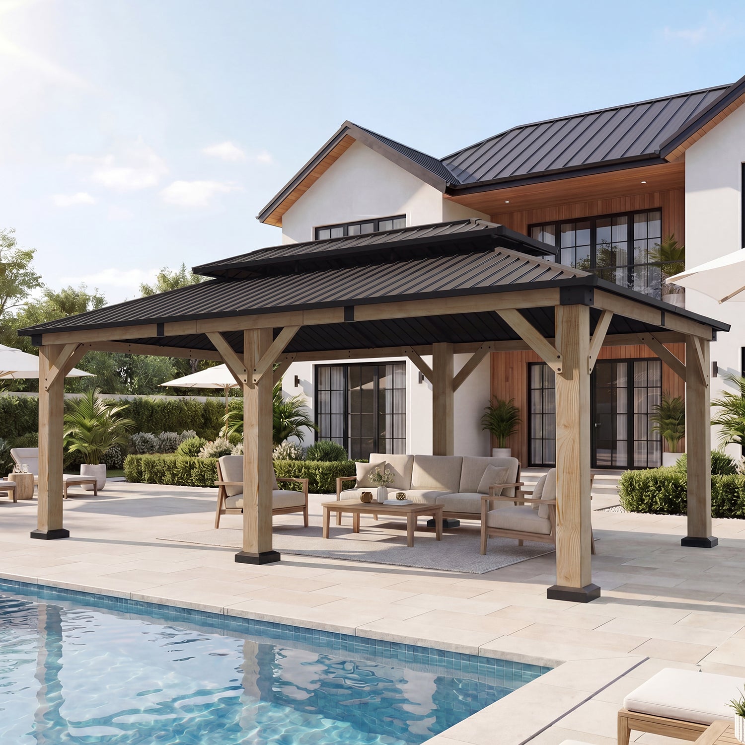 Aoxun 12' x 16' Outdoor Wood Gazebo, Hardtop Gazebo Permanent Wooden Pavilion with Galvanized Steel Double Roof, for Garden, Backyard, Patio, Cedar Wood, Grey