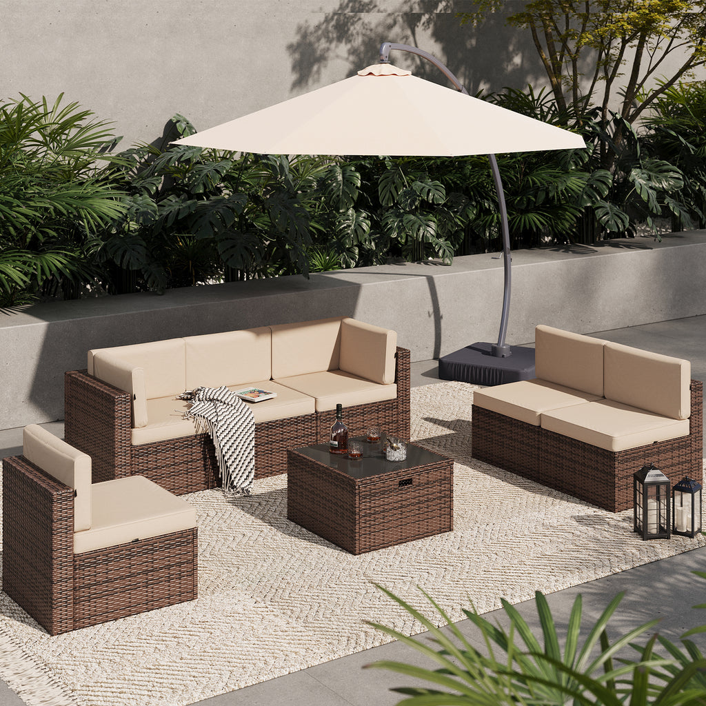 Aoxun 7 Piece Patio Furniture Set, All-Weather Wicker Outdoor Furniture 6 Seats Patio Conversation Sets with Storage Coffee Table, Outdoor Sectional Sofas for Backyard Garden(Brown/Khaki)