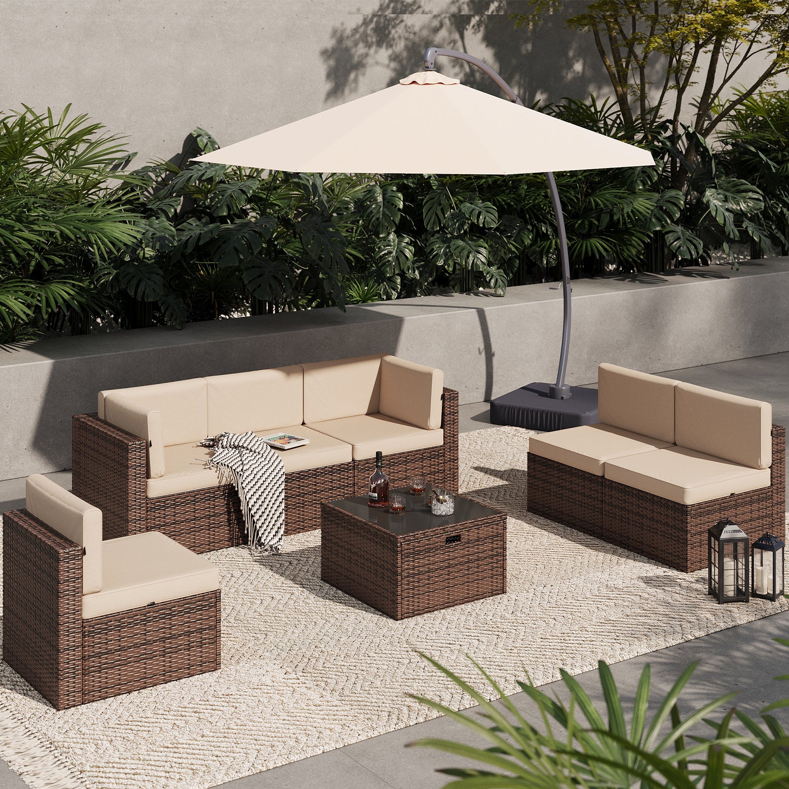 Aoxun 7 Piece Patio Furniture Set, All-Weather Wicker Outdoor Furniture 6 Seats Patio Conversation Sets with Storage Coffee Table, Outdoor Sectional Sofas for Backyard Garden(Brown/Khaki)