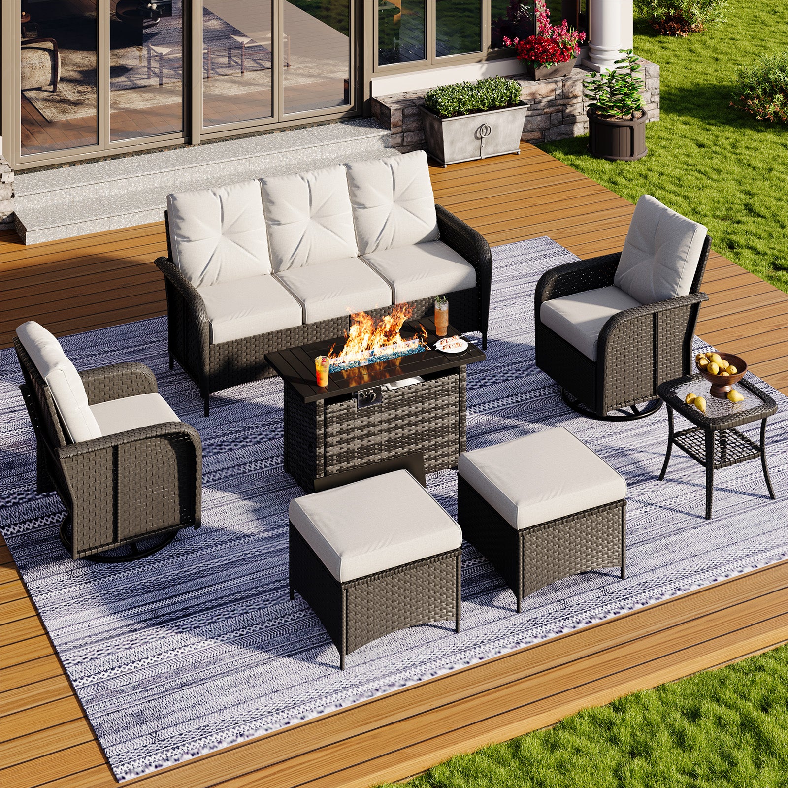 Aoxun Patio Furniture Set, Wicker Rattan Outdoor Sectional Sofa with High Back Swivel Rocker Chairs, Outdoor Patio Furniture Set