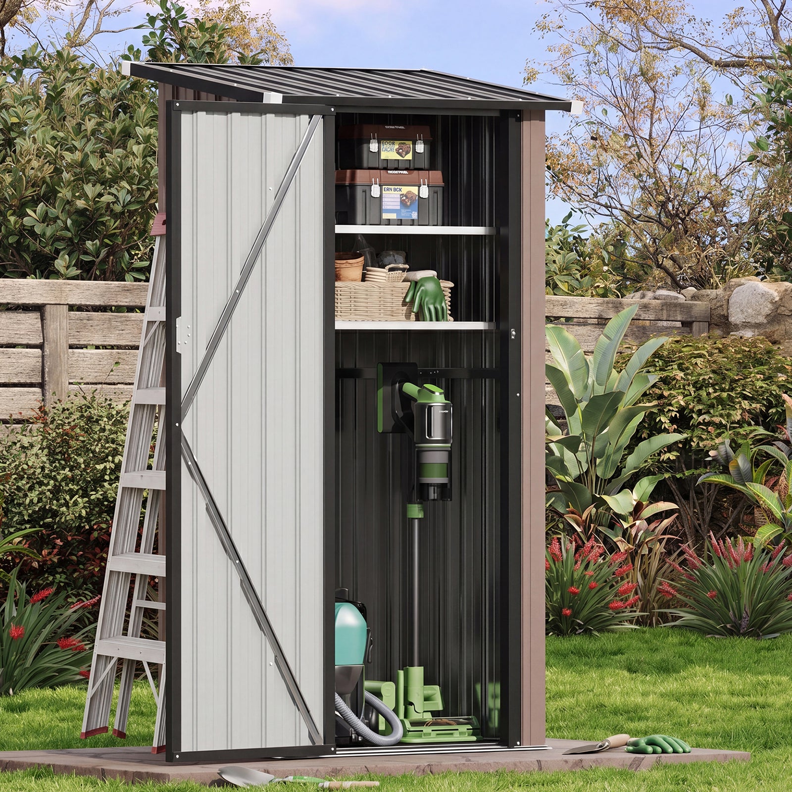 Aoxun Outdoor Storage Cabinet Shed - Vertical Cabinet with Floor, 2 Adjustable Shelves & Lockable Doors, Waterproof Small Tool Shed, for Backyard Garden Patio Lawn Indoor, Brown