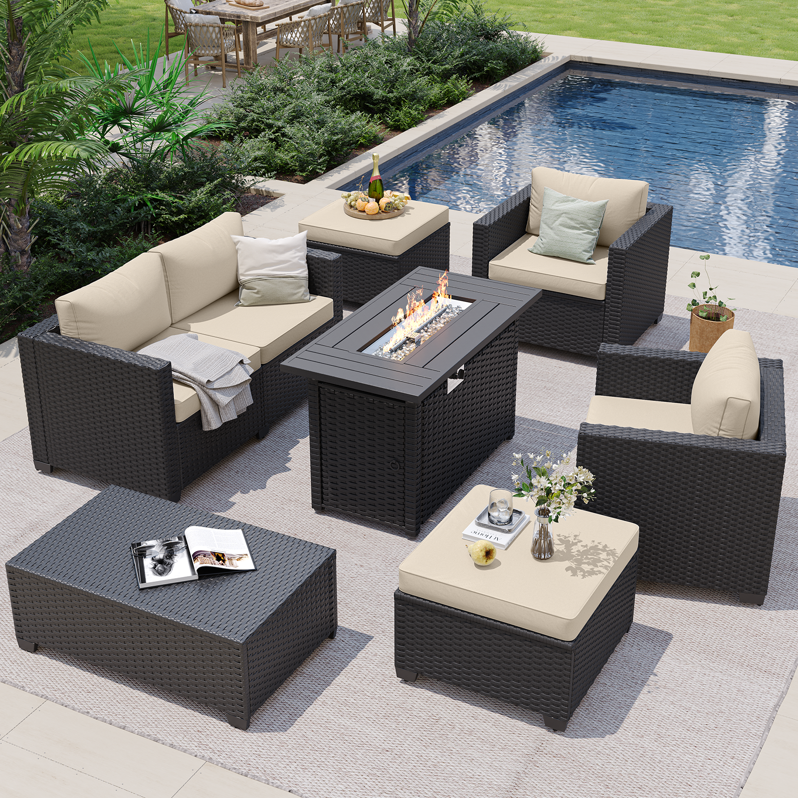 Aoxun Patio Furniture Set with Fire Pit Table, 6 Seats Outdoor Furniture Set with Wicker Ottomans, Rattan Outdoor Sectional Sofa with Thickened Cushion & Waterproof Cover Navy Blue