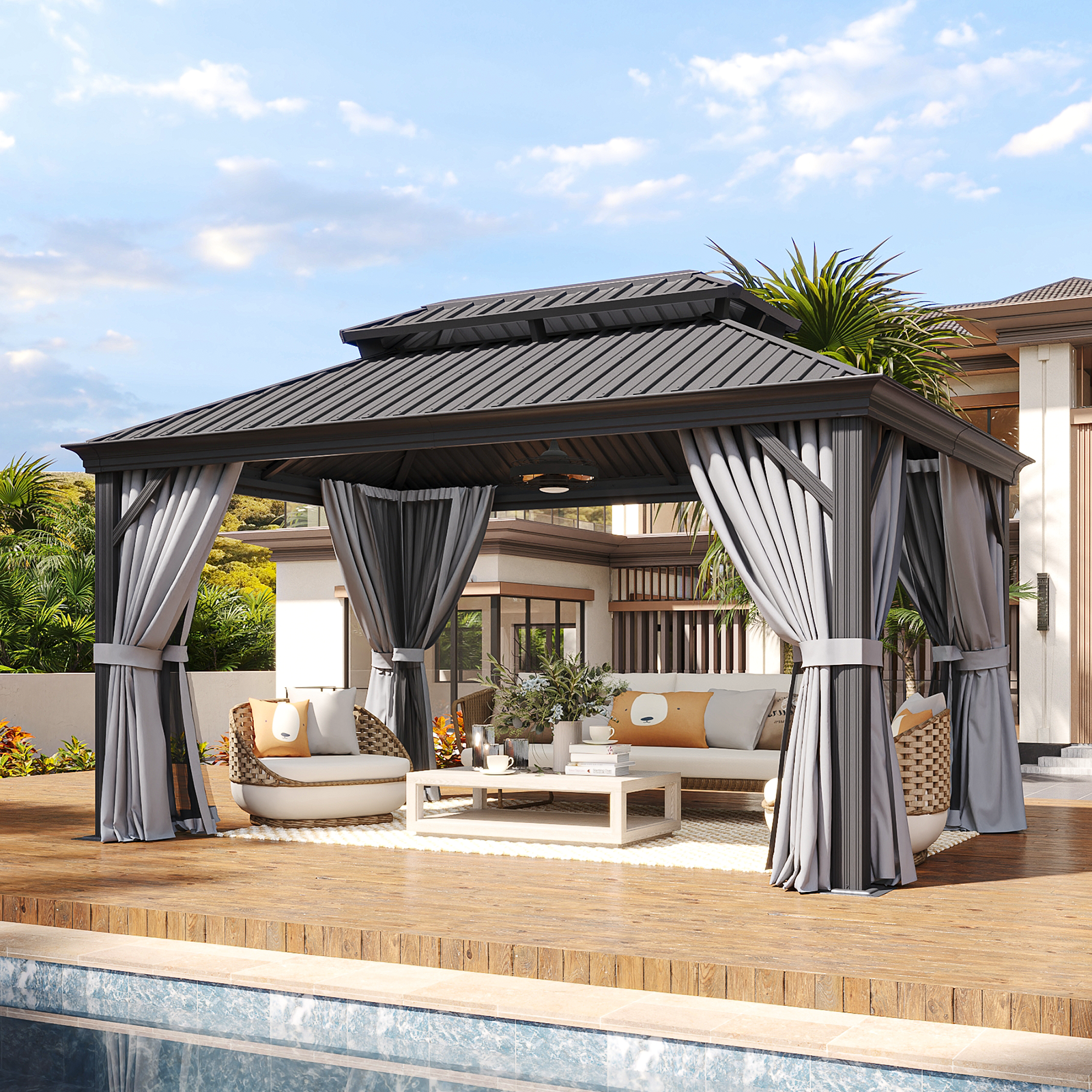 LET'S PATIO 12' x 16' Hardtop Gazebo, Permanent Aluminum Gazebo with Galvanized Steel Double Roof and Drainage System, Outdoor Metal Pavilion with Curtains and Netting for Patio, Deck and Lawn, Gray