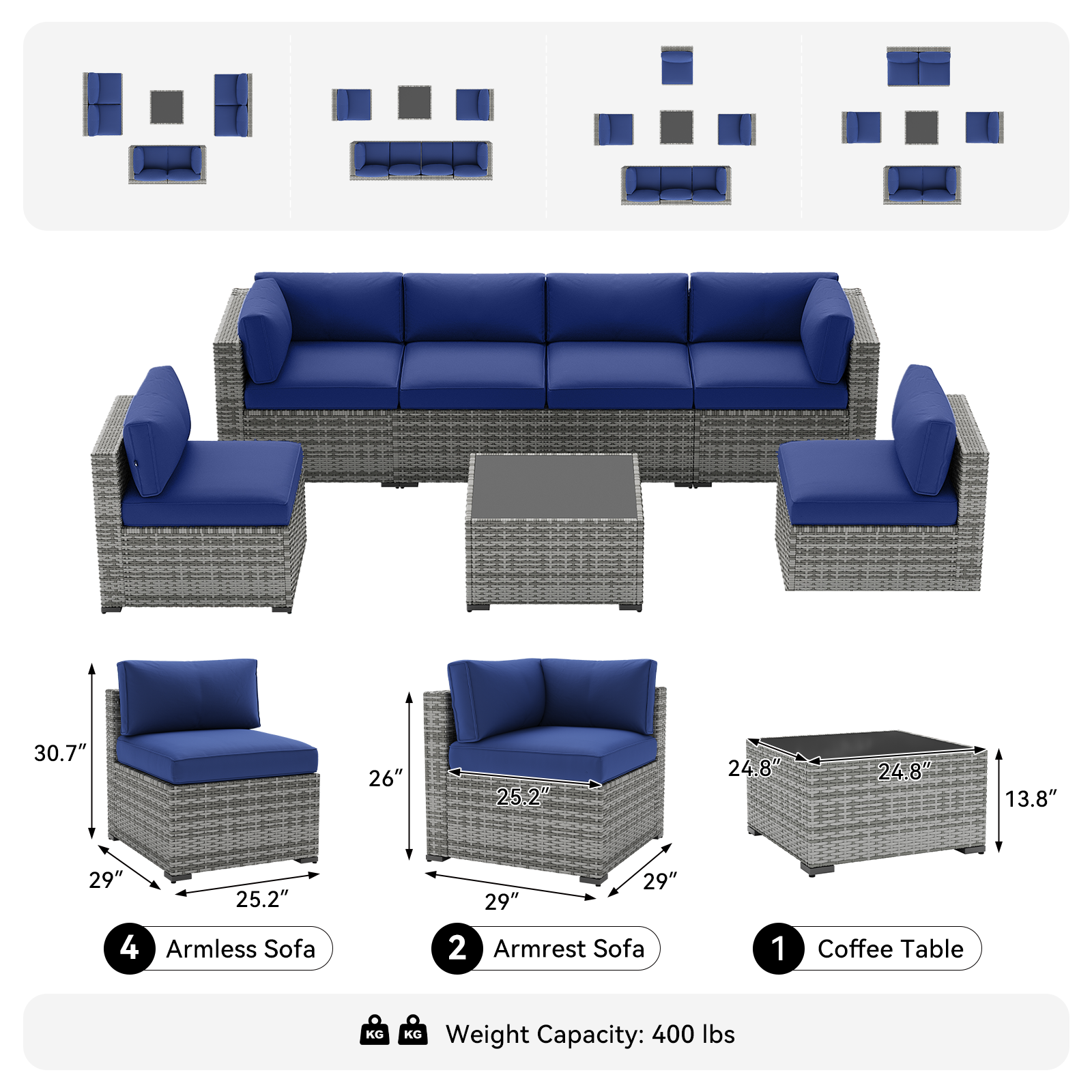 LazySunsets 7-Piece Patio Furniture Set, Wicker Rattan Outdoor Furniture with Thick Cushions, Patio Conversation Sets with Coffee Table, Outdoor Sectional Couch Sofa with Waterproof Cover