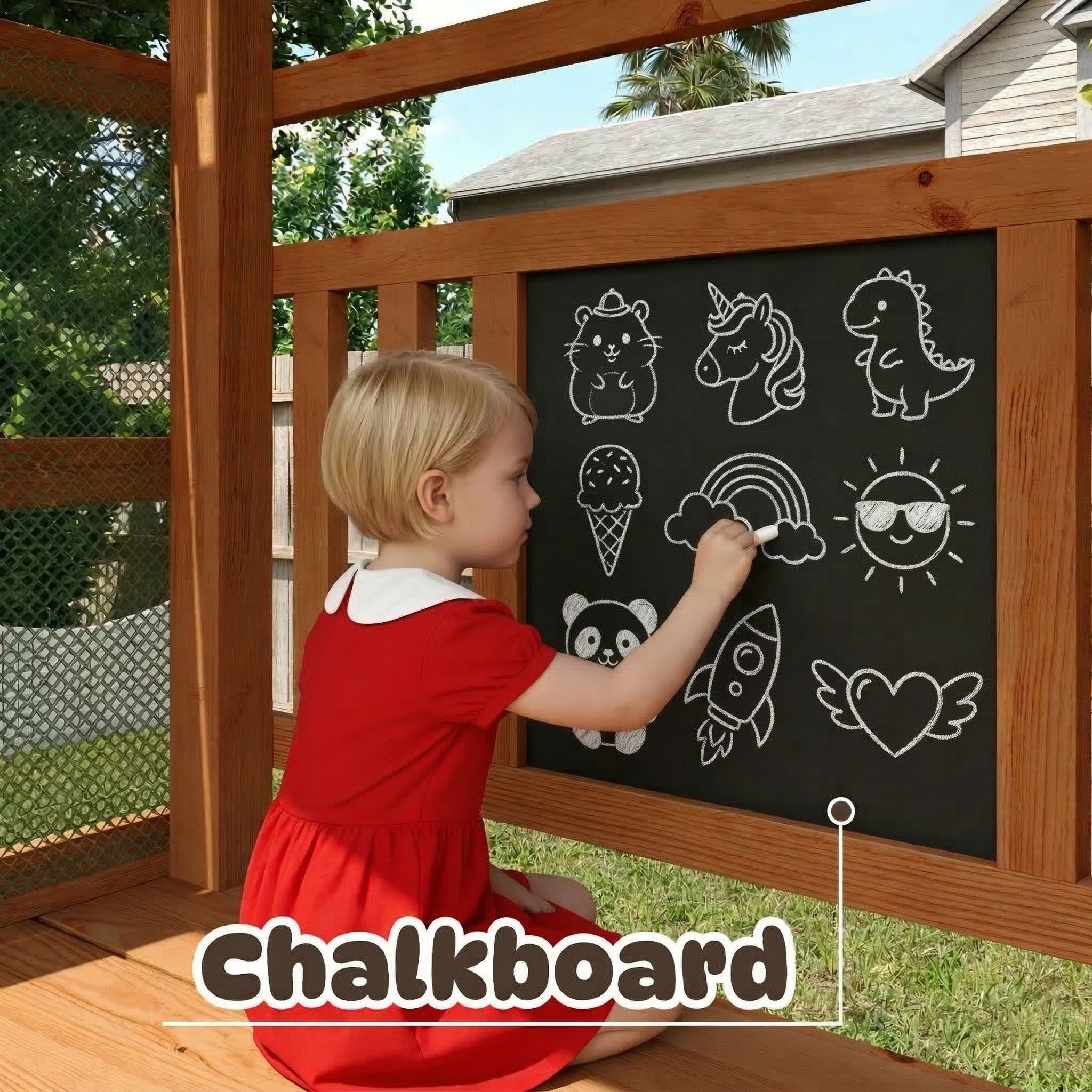 Wooden Swing Sets for Backyard - Playground Sets for Backyards, Kids Outdoor Playset with 6 FT Wave Slide, Play Deck, Rock Wall Ladder, 2 Belt Swings, Chalkboard, Canopy Roof, Green