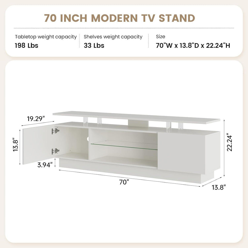 Breezestival 70 Inch High-Glossy TV Stand with 2 Side Cabinets, Modern Stylish TV Console with 3 Layer LED Lights,Modern Entertainment Center with Adjustable Glass Shelf, Remote&APP Control, White