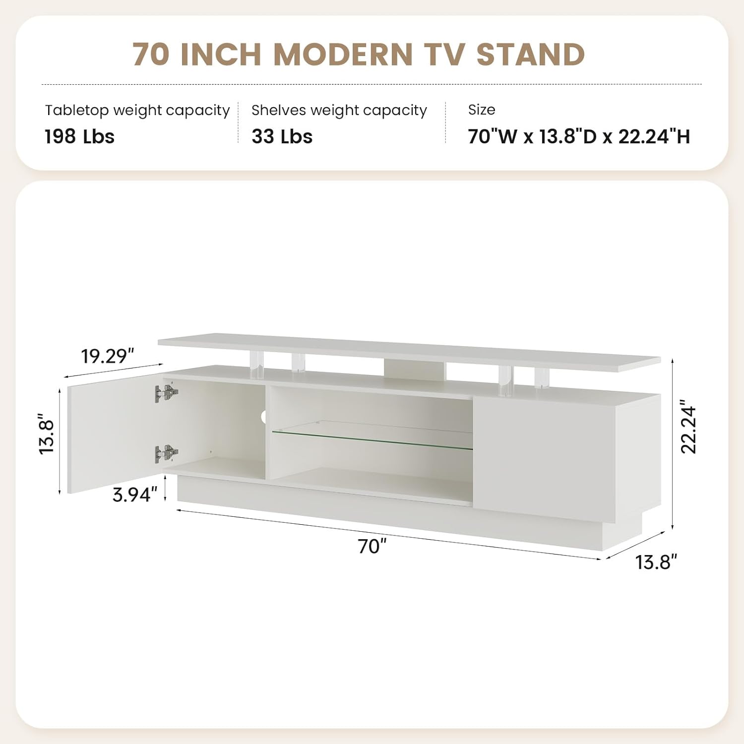 Breezestival 70 Inch High-Glossy TV Stand with 2 Side Cabinets, Modern Stylish TV Console with 3 Layer LED Lights,Modern Entertainment Center with Adjustable Glass Shelf, Remote&APP Control, White