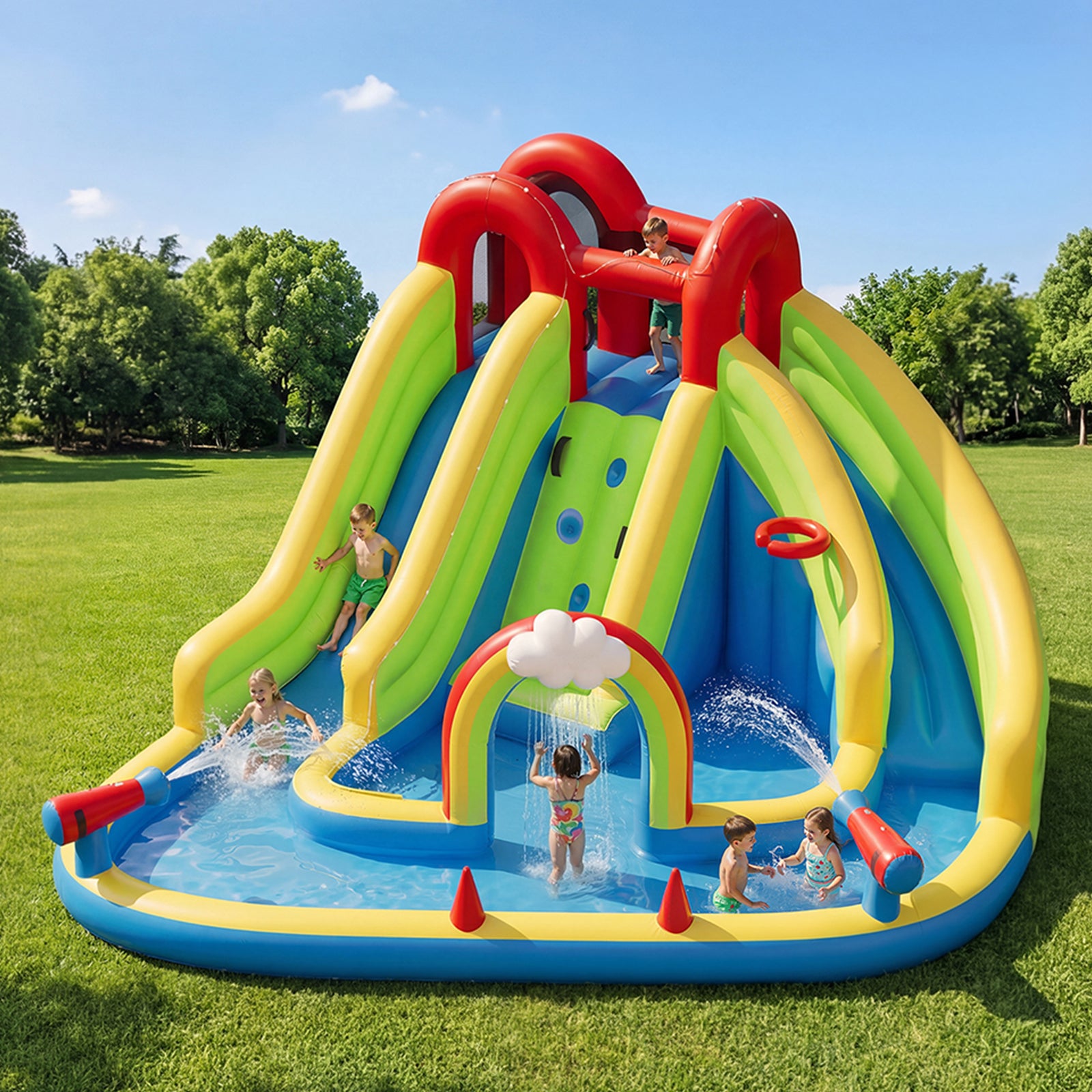 Inflatable Water Slide for Kids Backyard with 450W Blower, Jumping Castle with Water Slide, Water Park Bounce House for Indoor and Outdoor Activities