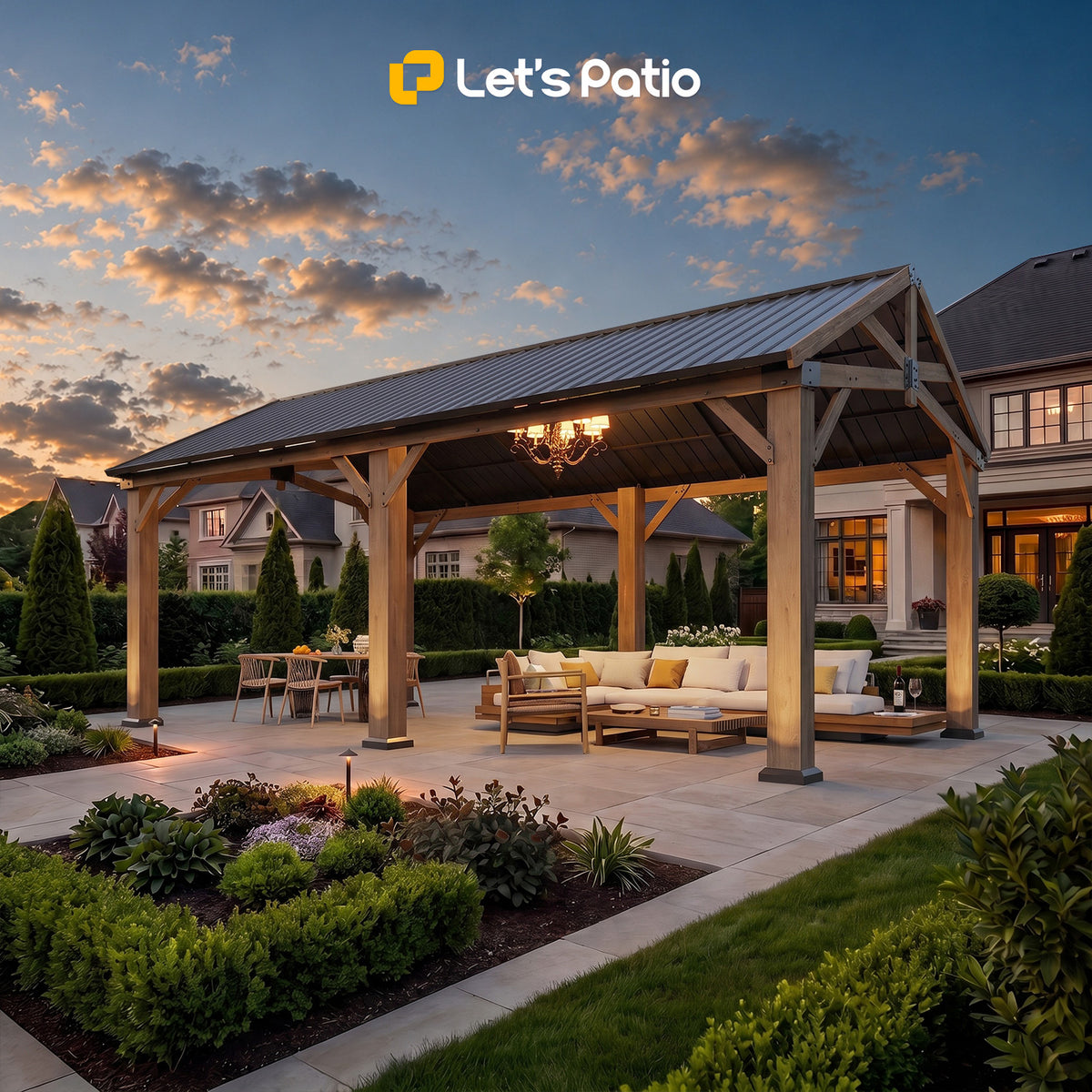 LET'S PATIO Wood Gazebo 12x20 Hardtop Gazebo with Gable Roof & Power Outlet Cedar Wood Permanent Pavilion with 4.7" Thickened Posts & Sturdy Hooks, Heavy Duty Outdoor Gazebo for Backyard, Garden, Deck