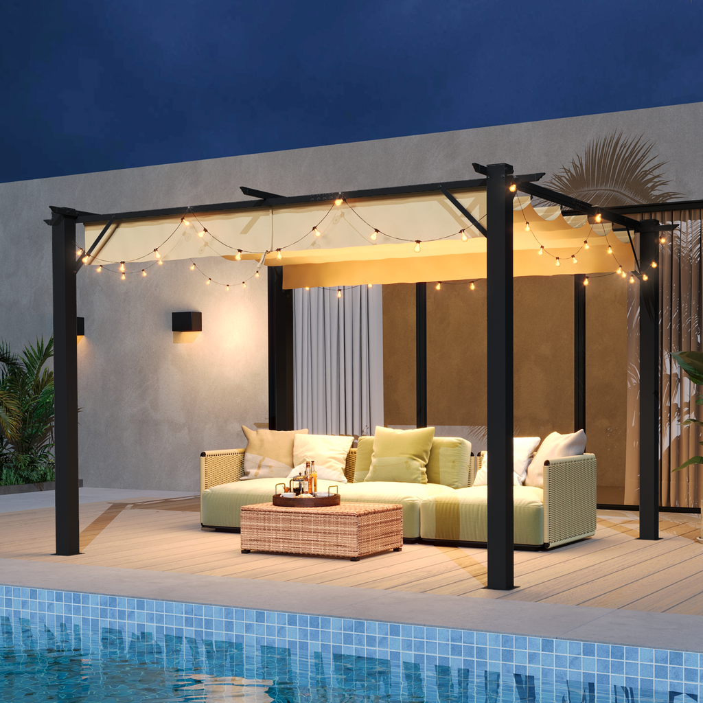 Aoxun 10x12 Outdoor Retractable Pergola with Upgraded Adjustable Canopy Sliding Canopy | Powder-Coated Metal Frame | UV/Water-Resistant PA Canopy | Free-Standing Design | Brown