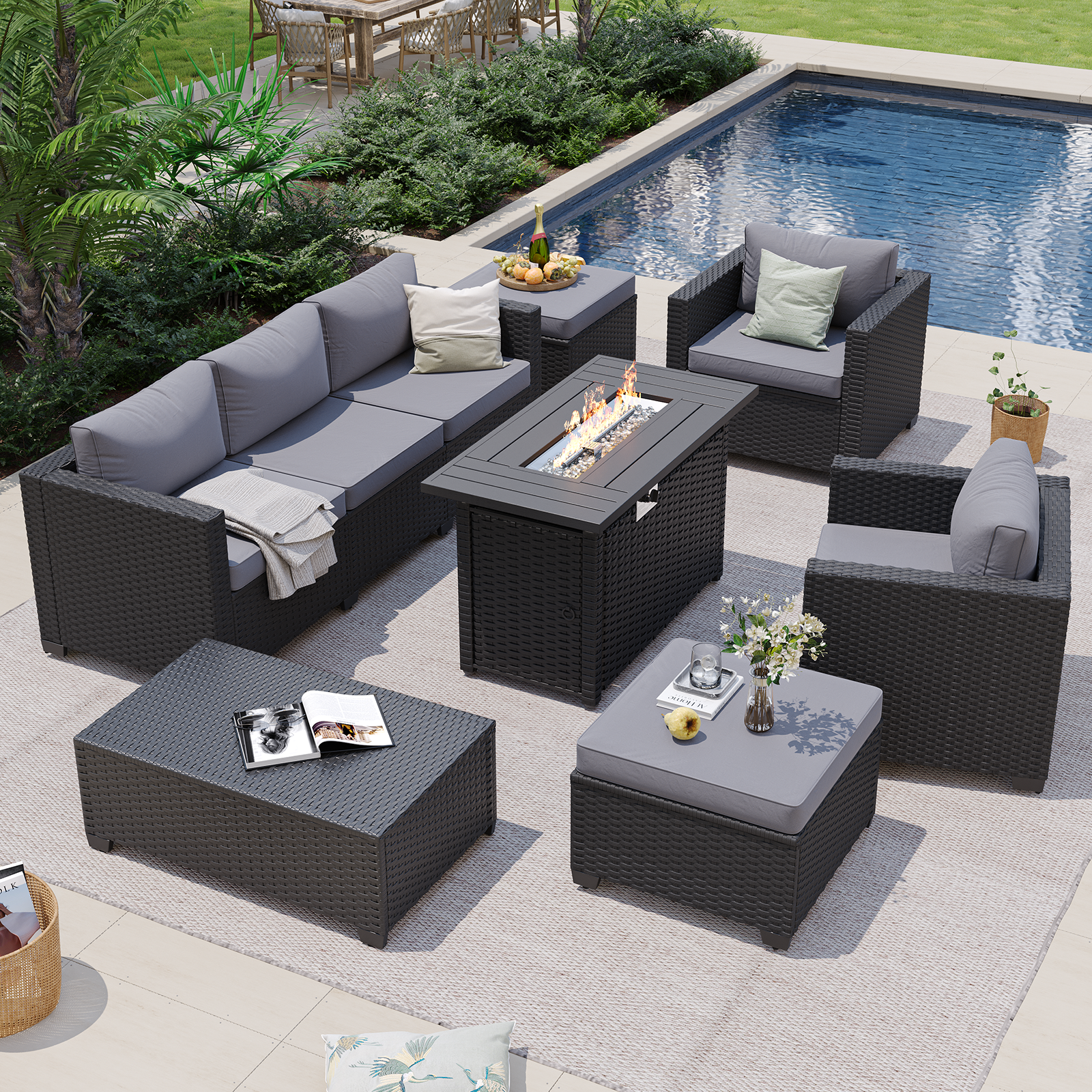 Aoxun Patio Furniture Set with Fire Pit Table, 6 Seats Outdoor Furniture Set with Wicker Ottomans, Rattan Outdoor Sectional Sofa with Thickened Cushion & Waterproof Cover Navy Blue
