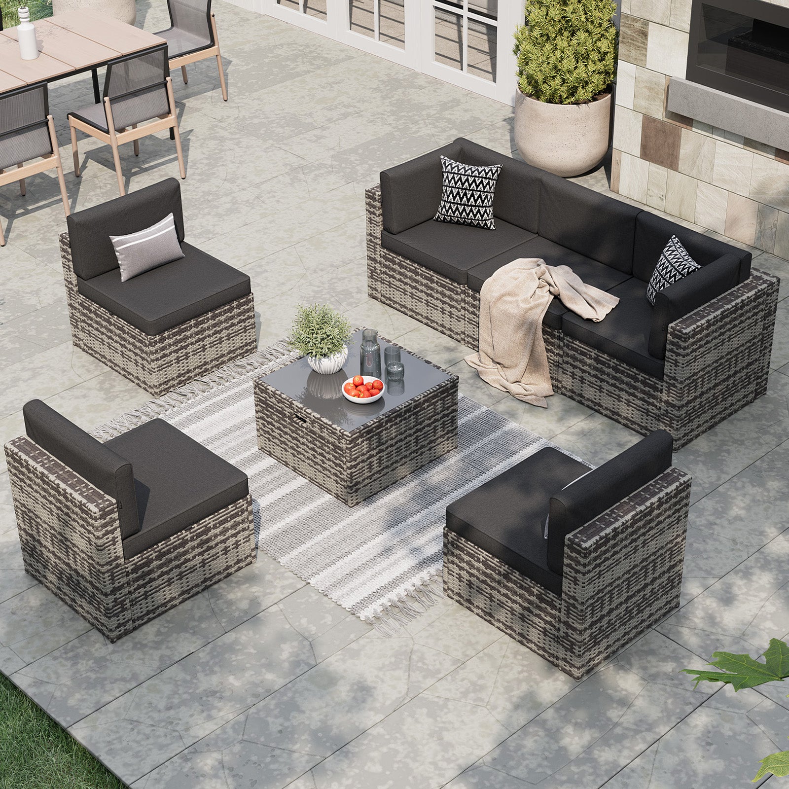 Aoxun 7 Piece Patio Furniture Set, All-Weather Wicker Outdoor Furniture 6 Seats Patio Conversation Sets with Storage Coffee Table, Outdoor Sectional Sofas for Backyard Garden(Brown/Khaki)