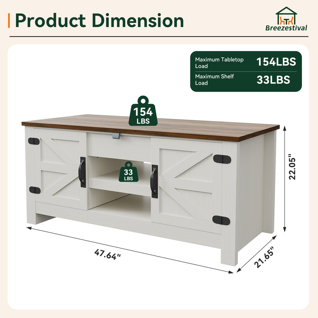 Breezestival Farmhouse Lift Top Coffee Table with Barn Door, 48" Rustic Center Table with Hidden Storage Compartment, Lifting Tabletop and Adjustable Shelf for Living Room, Office, White