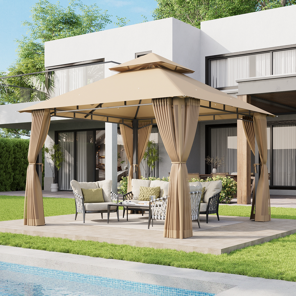 Aoxun 12x10 Gazebo with Double Roof & Mosquito Netting Outdoor Heavy-Duty Party Tent, Patio Tent with Zipper Screens - Backyard Garden Lawn Shelter Includes Wind Ropes Expansion Bolts, Gray