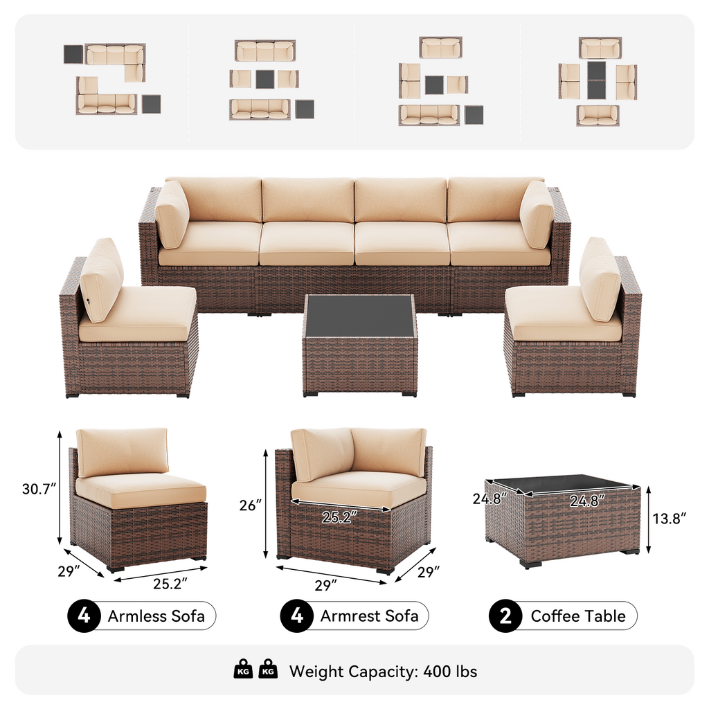 LazySunsets 7-Piece Patio Furniture Set, Wicker Rattan Outdoor Furniture with Thick Cushions, Patio Conversation Sets with Coffee Table, Outdoor Sectional Couch Sofa with Waterproof Cover
