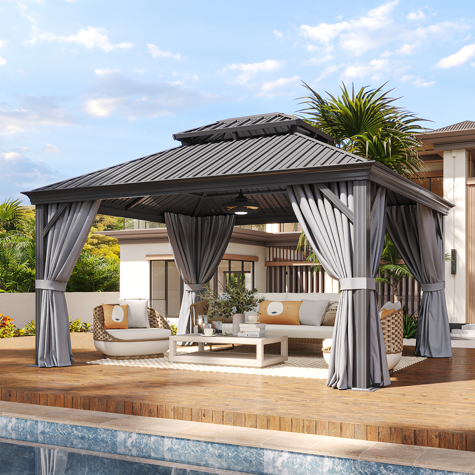 LET'S PATIO 12' x 16' Hardtop Gazebo, Permanent Aluminum Gazebo with Galvanized Steel Double Roof and Drainage System, Outdoor Metal Pavilion with Curtains and Netting for Patio, Deck and Lawn, Gray