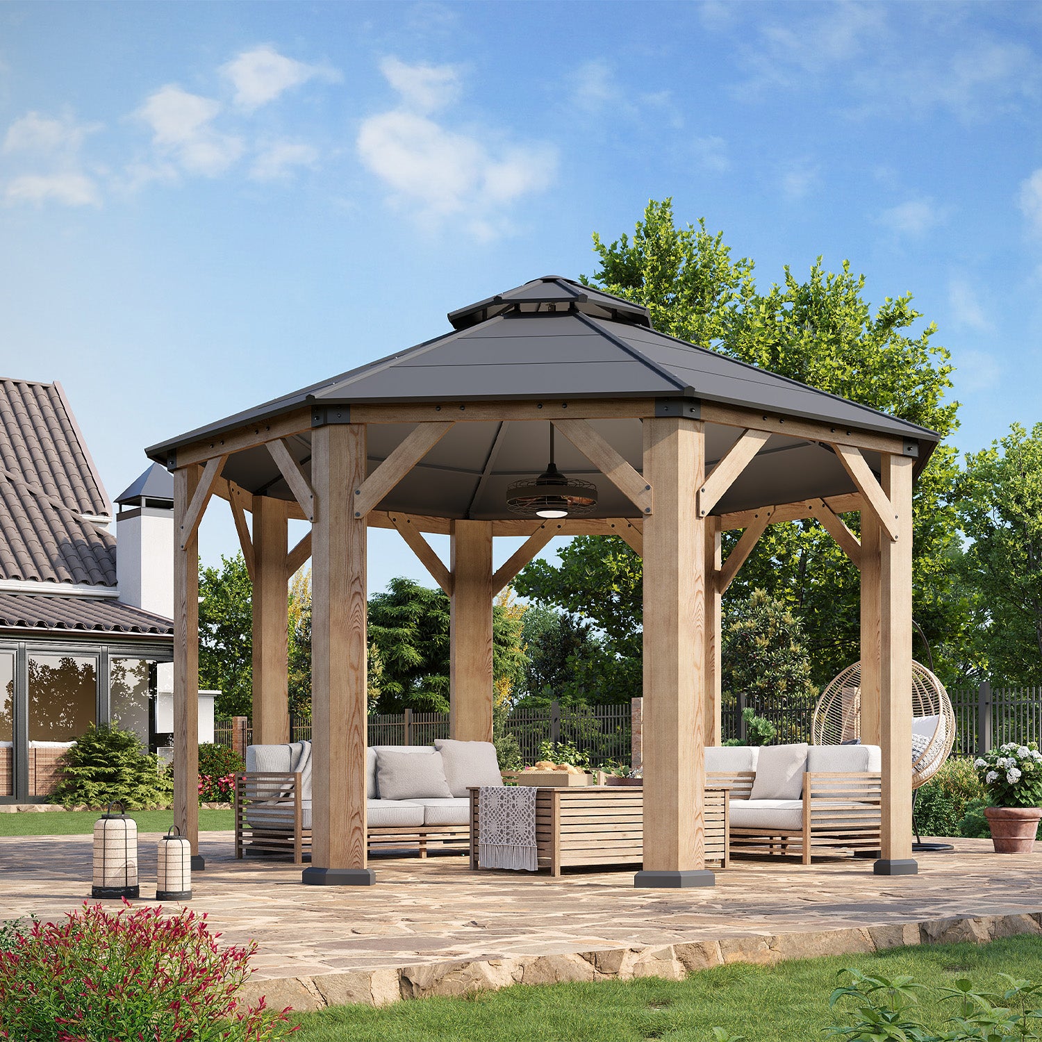 LET’S PATIO  Outdoor Double Roof Wood Gazebo, Hardtop Gazebo Permanent Wooden Pavilion with Galvanized Steel Double Top, for Patio, Garden, Deck