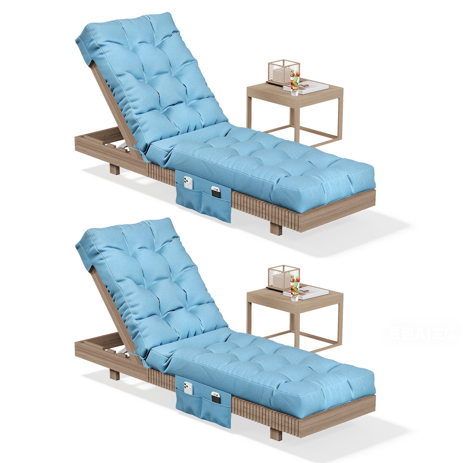 Aoxun Outdoor Chaise Lounge Cushions with Storage Pocket, Waterproof Replacement Patio Lounge Chair Cushion with Ties, Thick Pool Lounger Chair Cushions for Outdoor Furniture
