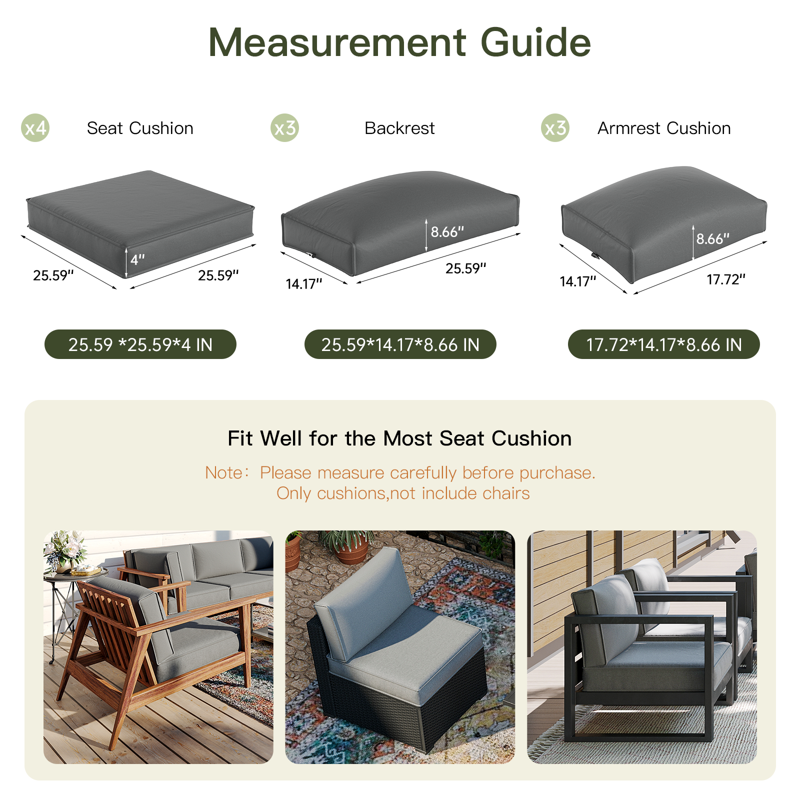 Breezestival Patio Furniture Replacement Cushions for Outdoor Furniture Set of 4, Thick Patio Sofa Cushions for Outdoor Furniture, 9-Piece Splashproof Fade Resistant Cushions for Outdoor Couch