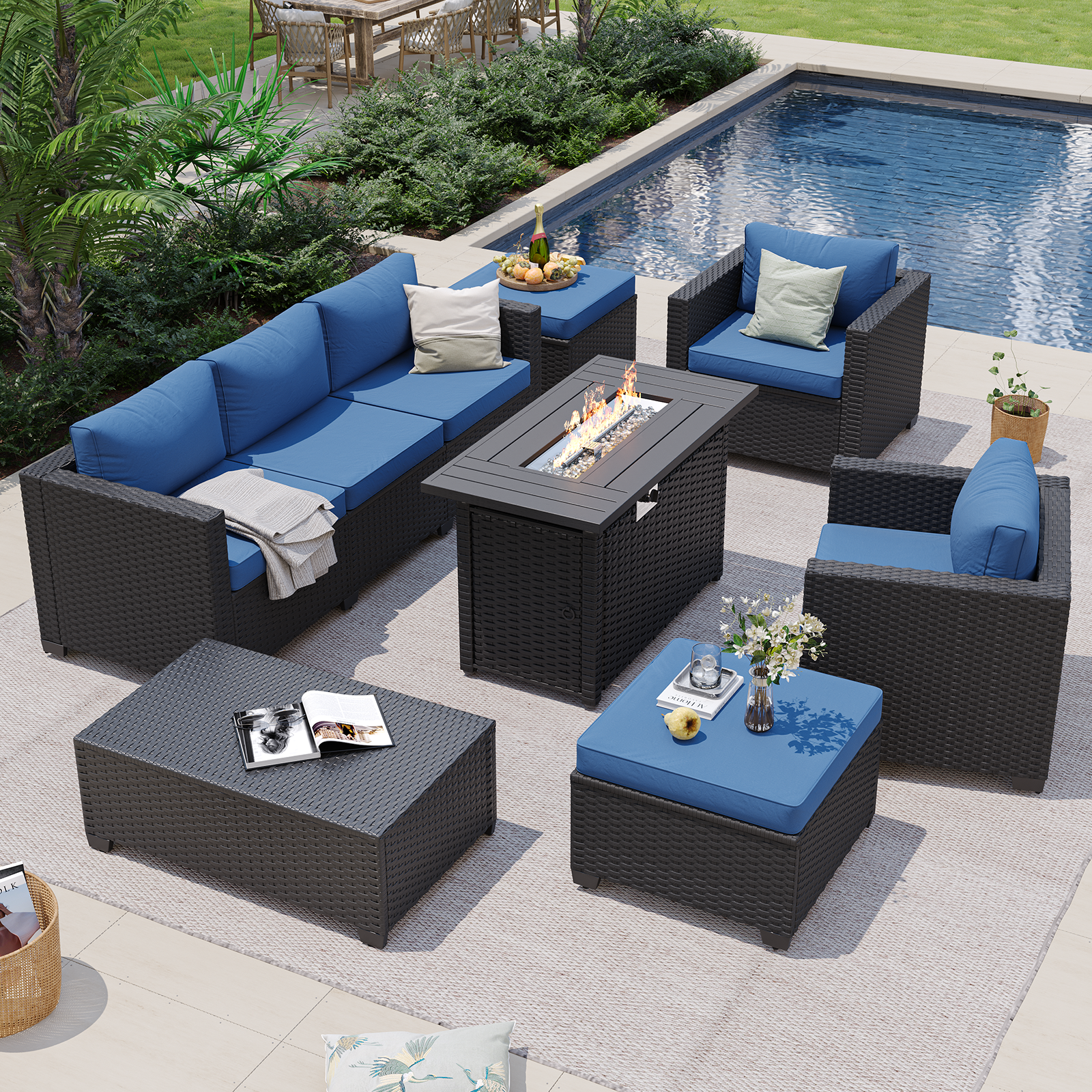 Aoxun Patio Furniture Set with Fire Pit Table, 6 Seats Outdoor Furniture Set with Wicker Ottomans, Rattan Outdoor Sectional Sofa with Thickened Cushion & Waterproof Cover Navy Blue