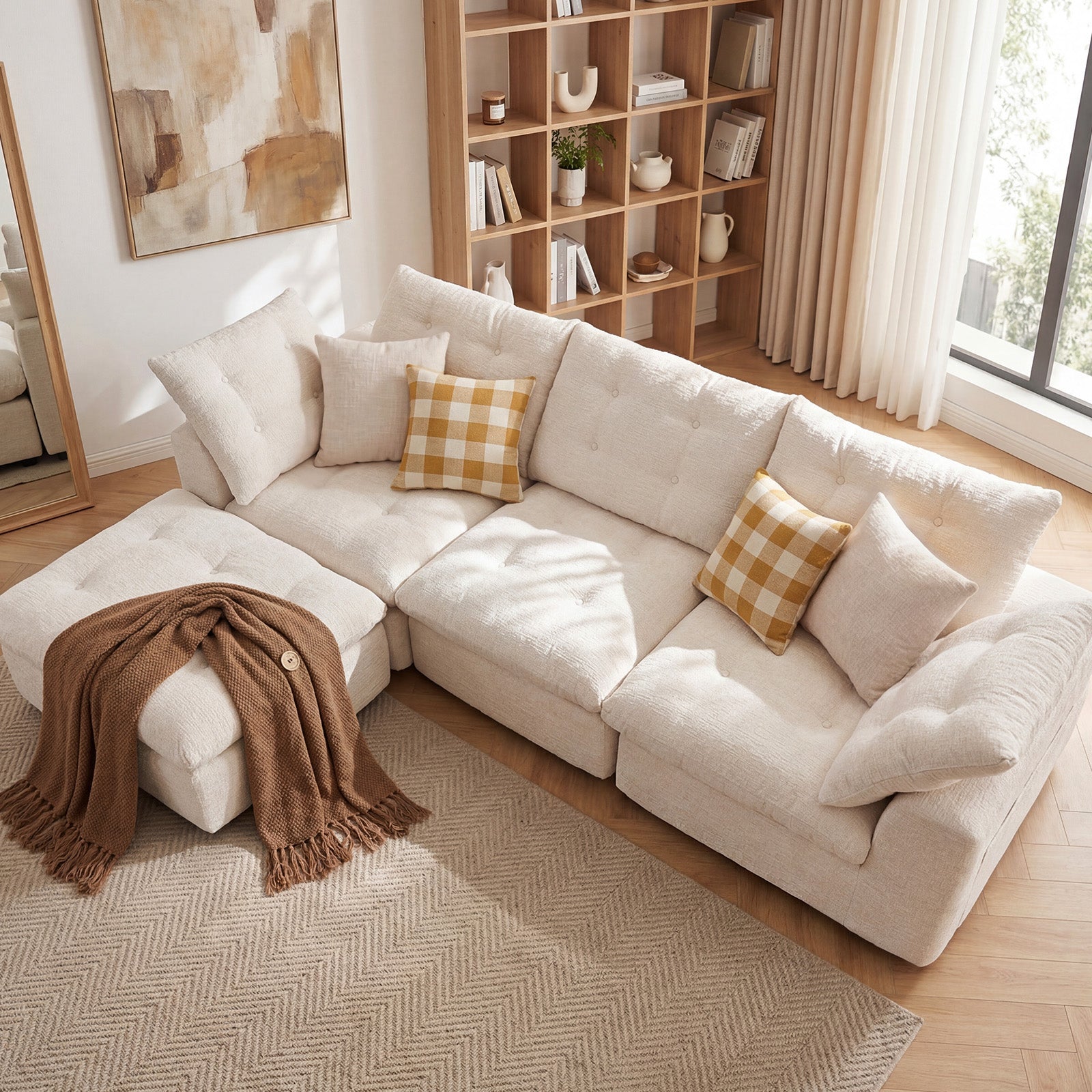 Nordivale 112" Boneless Couch Chenille Cloud Couch Oversized Modular Sectional Sofa with Storage Pockets for Living Room, Bedroom, No Assembly Required, L-shape with Ottoman+3 Seater (Beige)