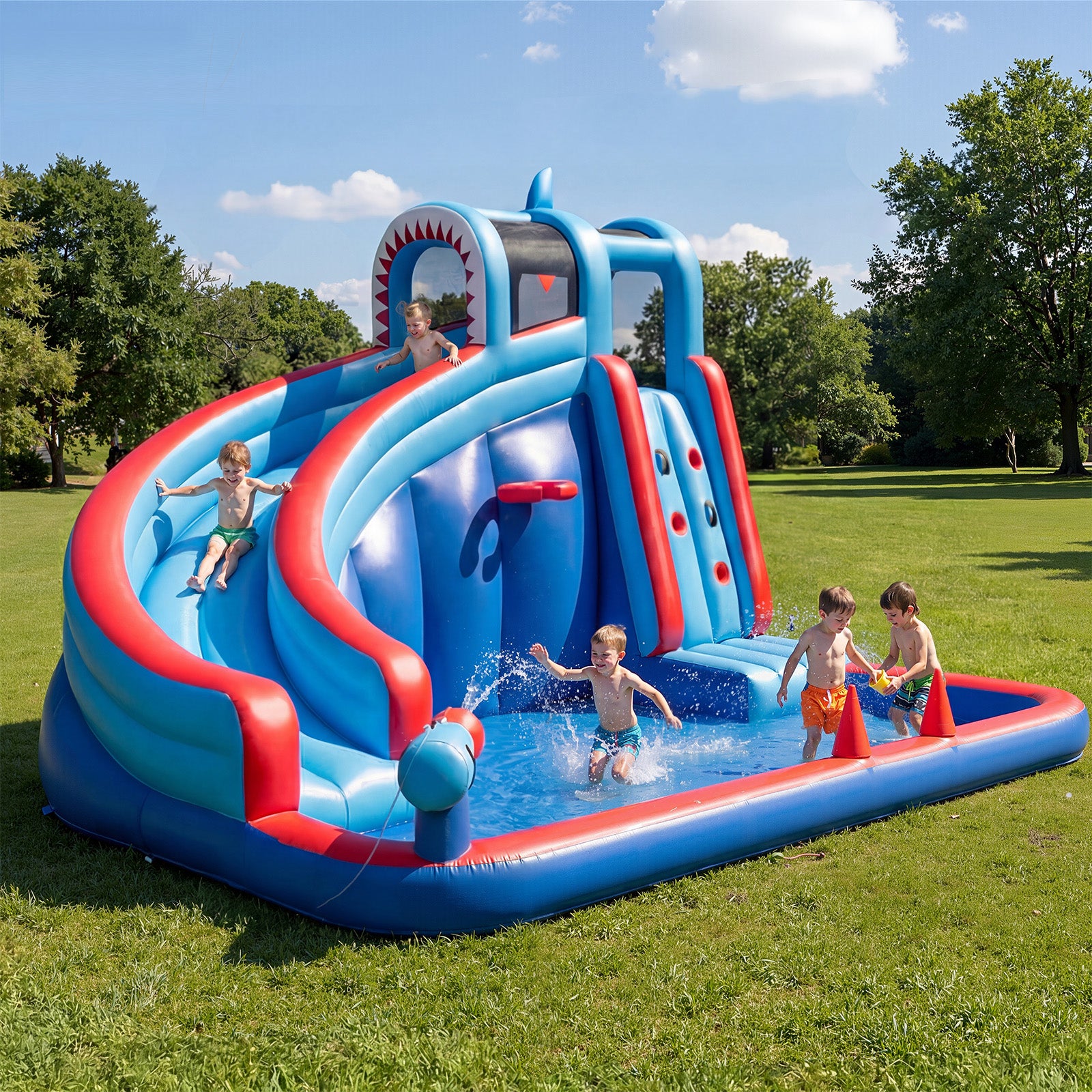 5 in 1n Inflatable Bounce House for Kids with Water Slide, Climbing Wall, Splash Pool, Water Cannon, Basketball Rim, with 450W Blower, for Indoor and Outdoor Activities
