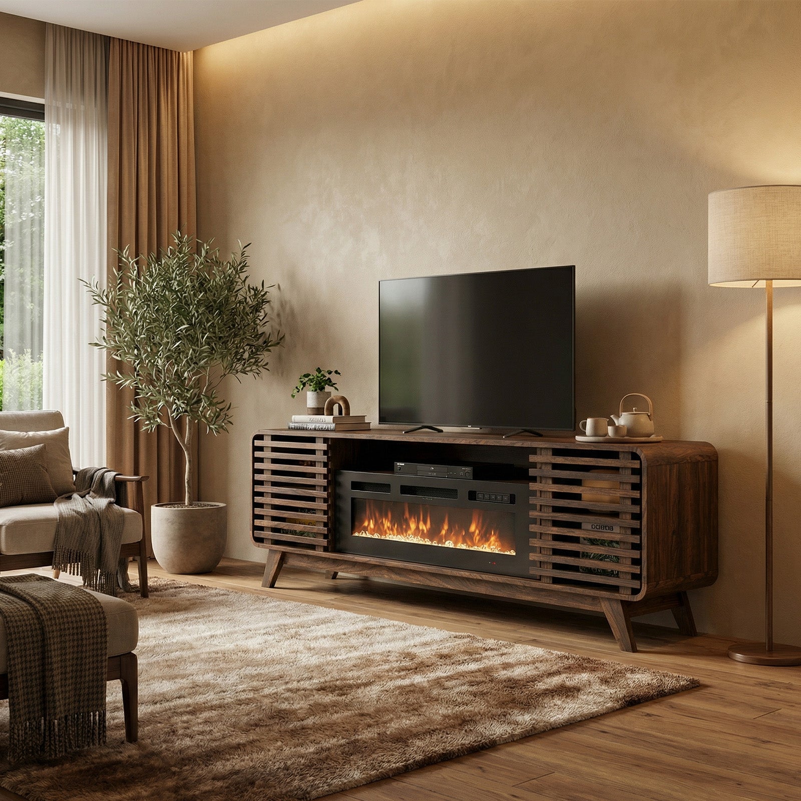Fireplace TV Stand for 80” TVs, Mid Century Modern Entertainment Center with 36" Electric Fireplace and Led Lights, Wood Media Console with Slatted Sliding Doors, for Living Room, Walnut