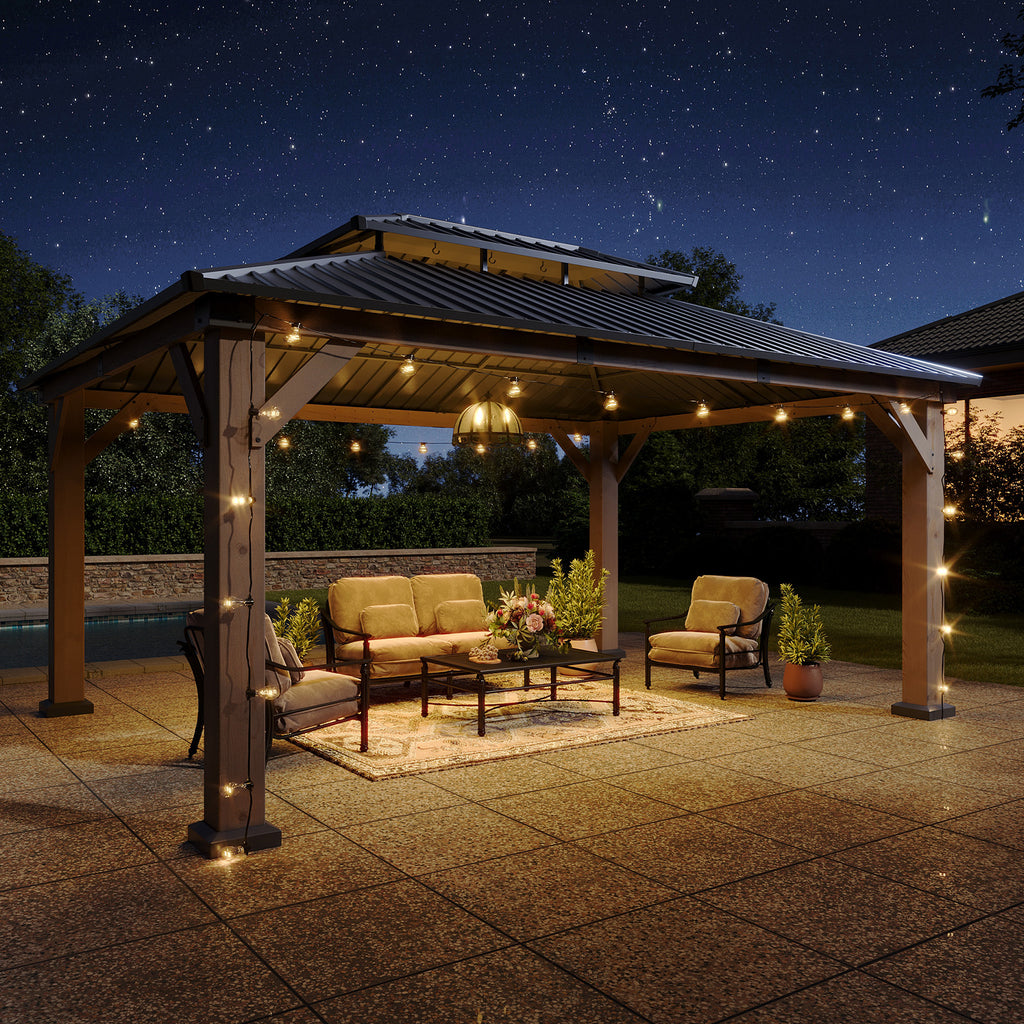 Aoxun 12' x 16' Outdoor Wood Gazebo, Hardtop Gazebo Permanent Wooden Pavilion with Galvanized Steel Double Roof, for Garden, Backyard, Patio, Cedar Wood, Grey