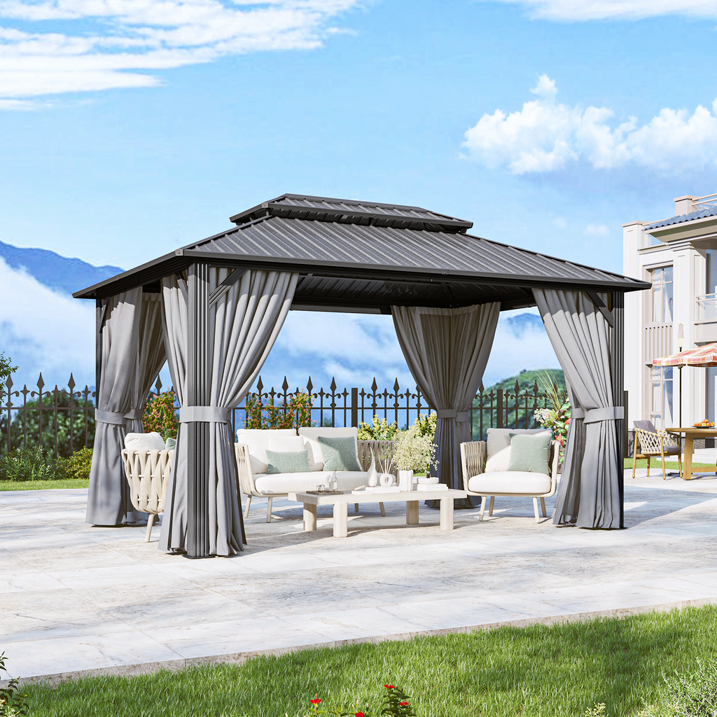BinpLax 14x10FT Outdoor Gazebo - Hardtop Pergolas for Patios with Curtains and Netting Included, Permanent Gazebo Pavilion with Double Galvanized Steel Roof for Party, Outdoor Dining, Wedding, Gray