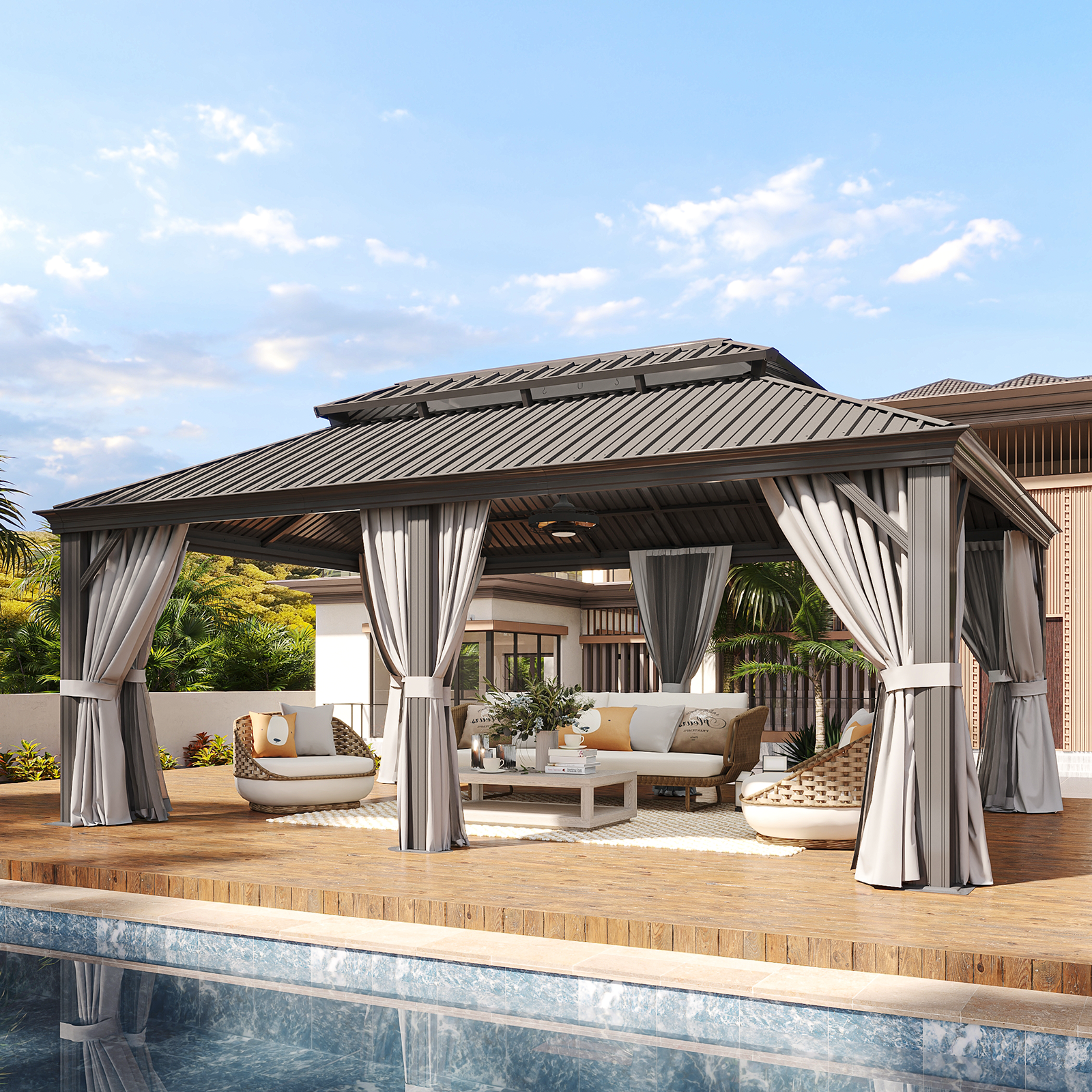 LET'S PATIO 12' x 16' Hardtop Gazebo, Permanent Aluminum Gazebo with Galvanized Steel Double Roof and Drainage System, Outdoor Metal Pavilion with Curtains and Netting for Patio, Deck and Lawn, Gray