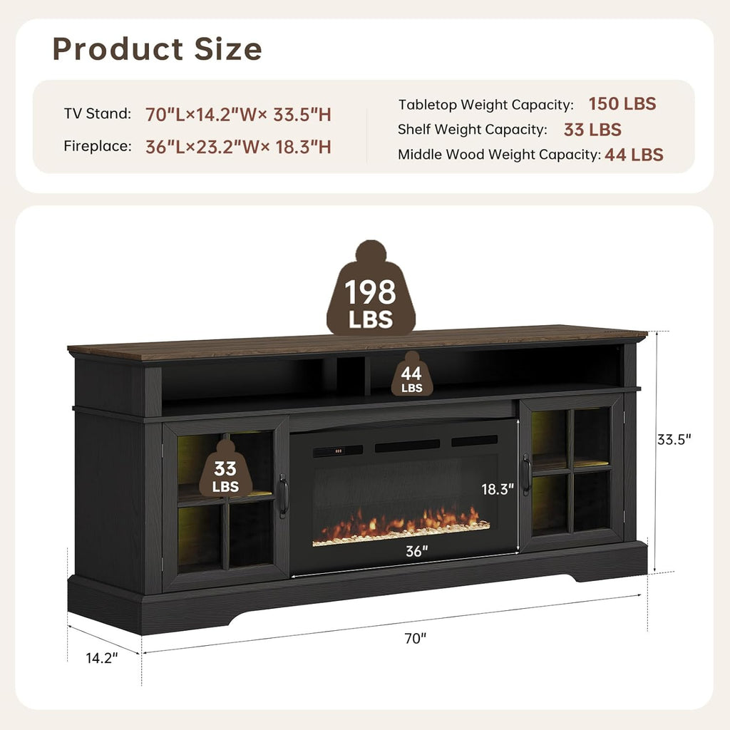 Nordivale 70" Fireplace TV Stand, Farmhouse Entertainment Center for TVs Up to 80”, TV Console with Storage Cabinets, Media Console for Living Room, Black TV Stand and Black Fireplace
