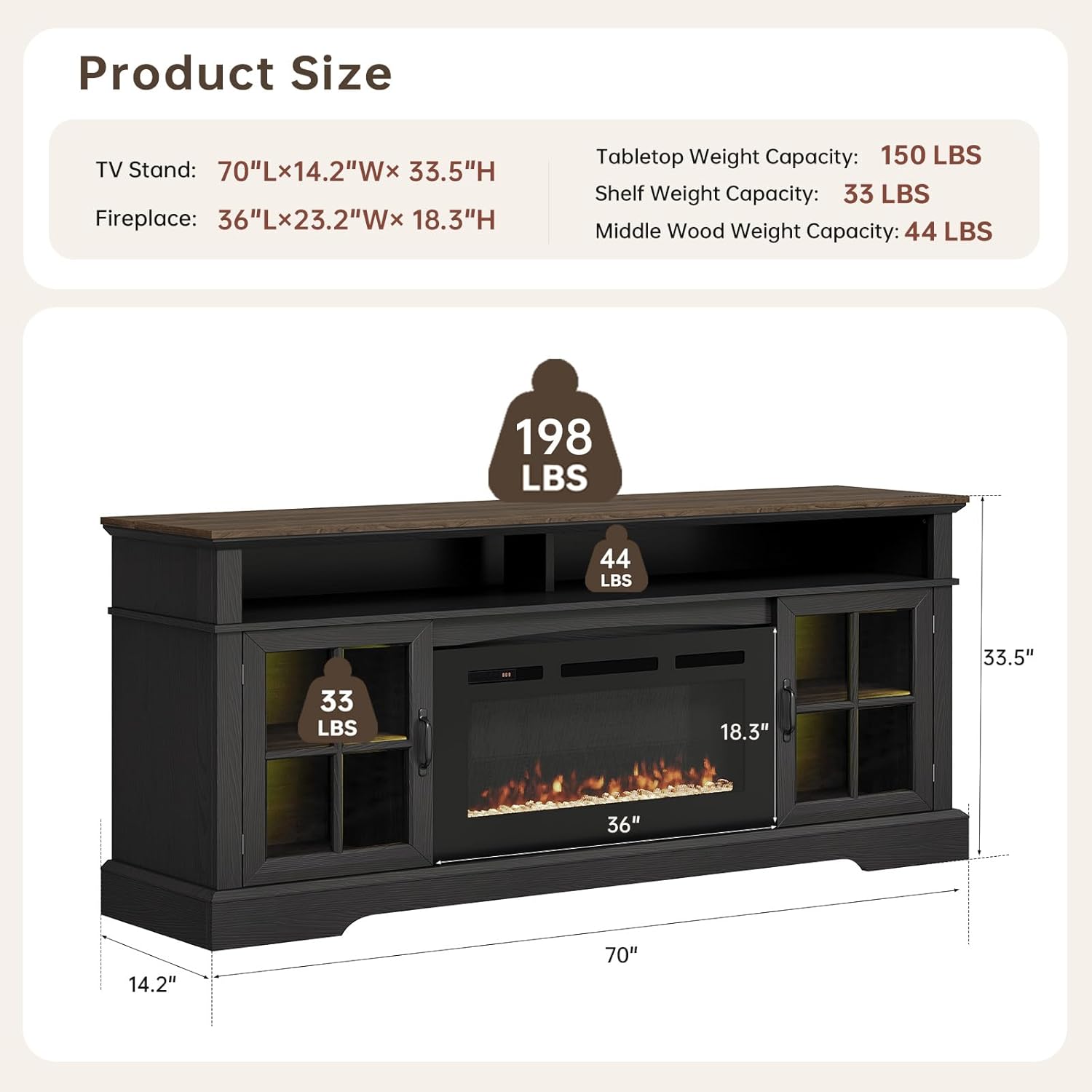 Nordivale 70" Fireplace TV Stand, Farmhouse Entertainment Center for TVs Up to 80”, TV Console with Storage Cabinets, Media Console for Living Room, Black TV Stand and Black Fireplace