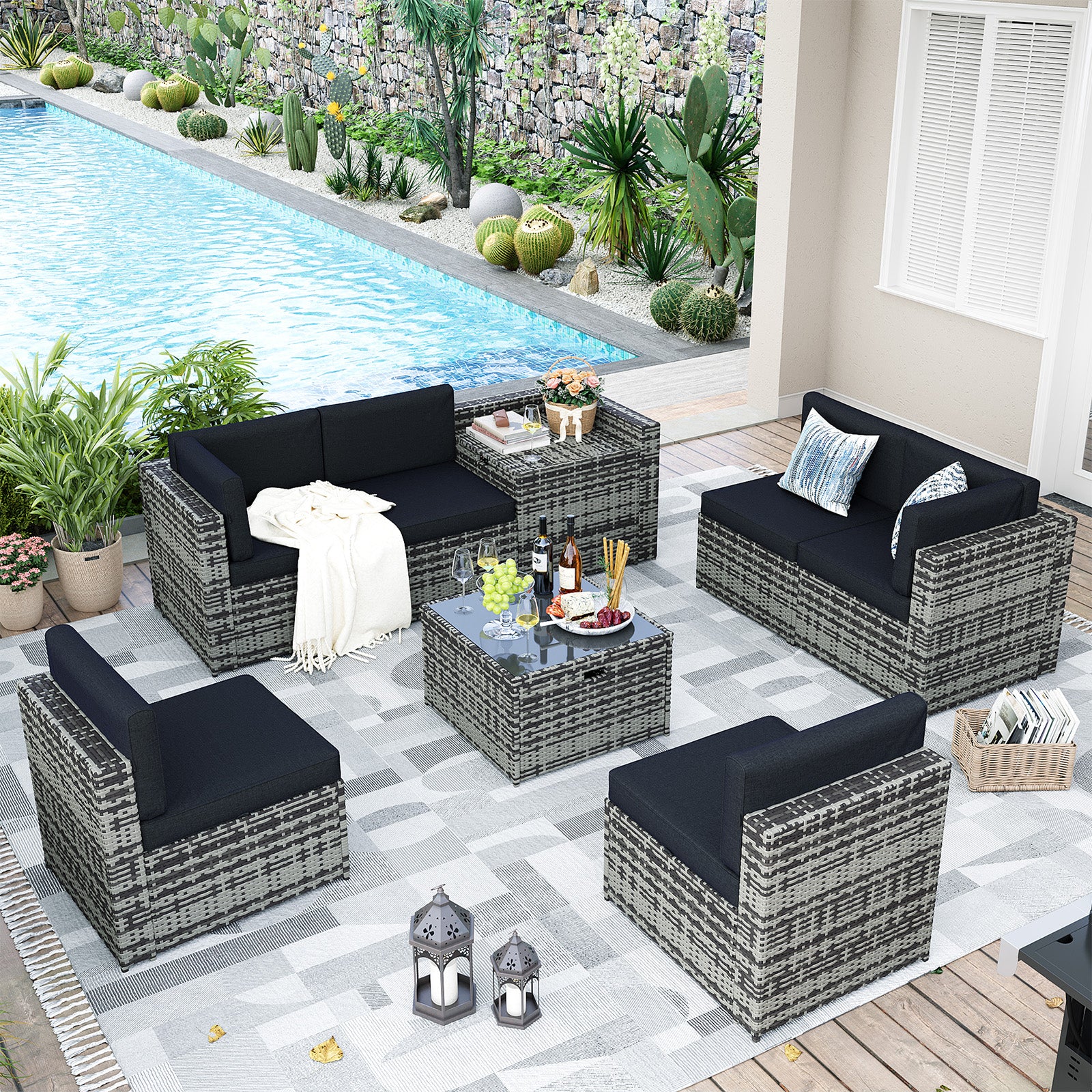 Aoxun 8 Piece Patio Furniture Set, Wicker Rattan Outdoor Furniture with Large Storage Table, Patio Conversation Sets with Waterproof Cover, Outdoor Sectional Sofa for Backyard