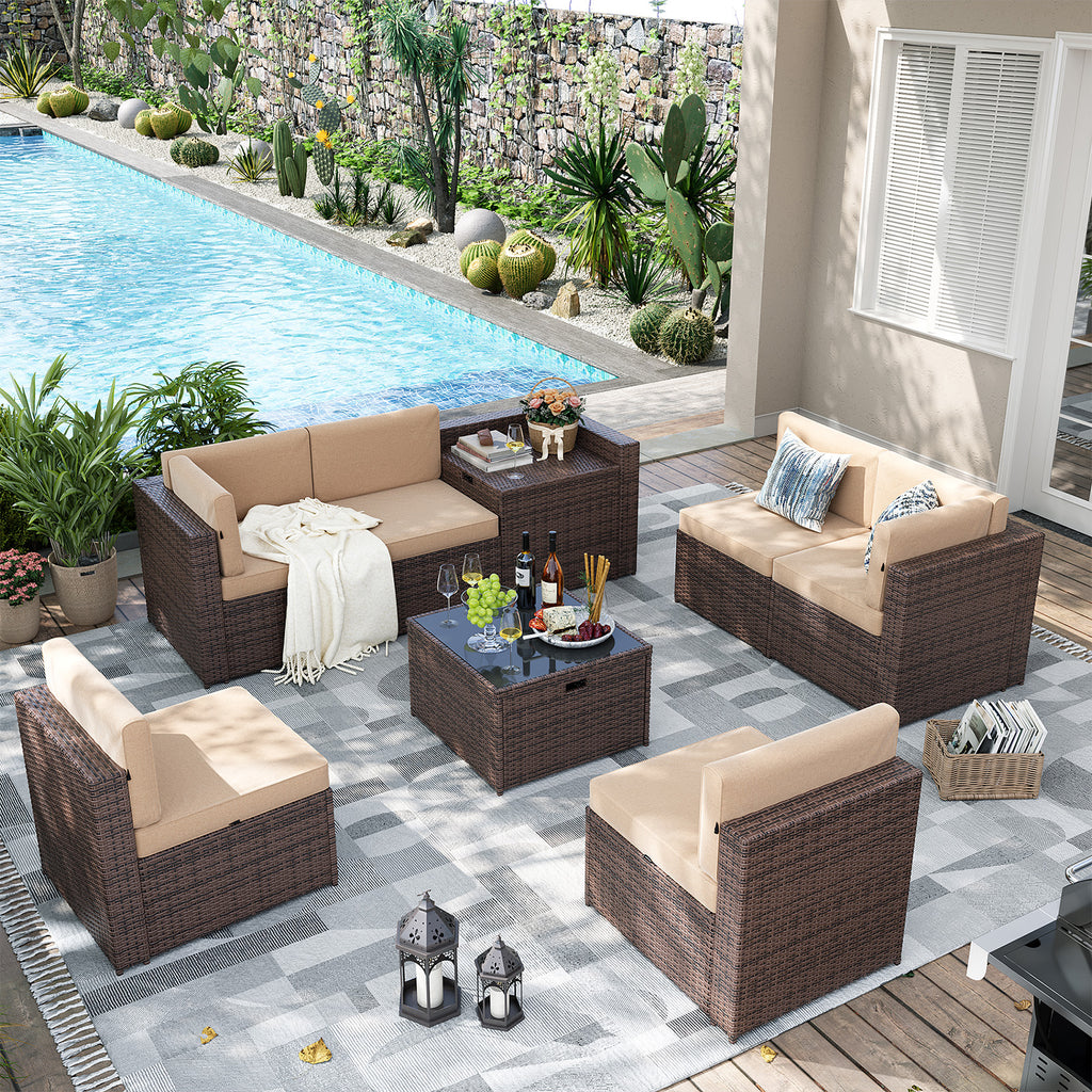 Aoxun 8 Piece Patio Furniture Set, Wicker Rattan Outdoor Furniture with Large Storage Table, Patio Conversation Sets with Waterproof Cover, Outdoor Sectional Sofa for Backyard