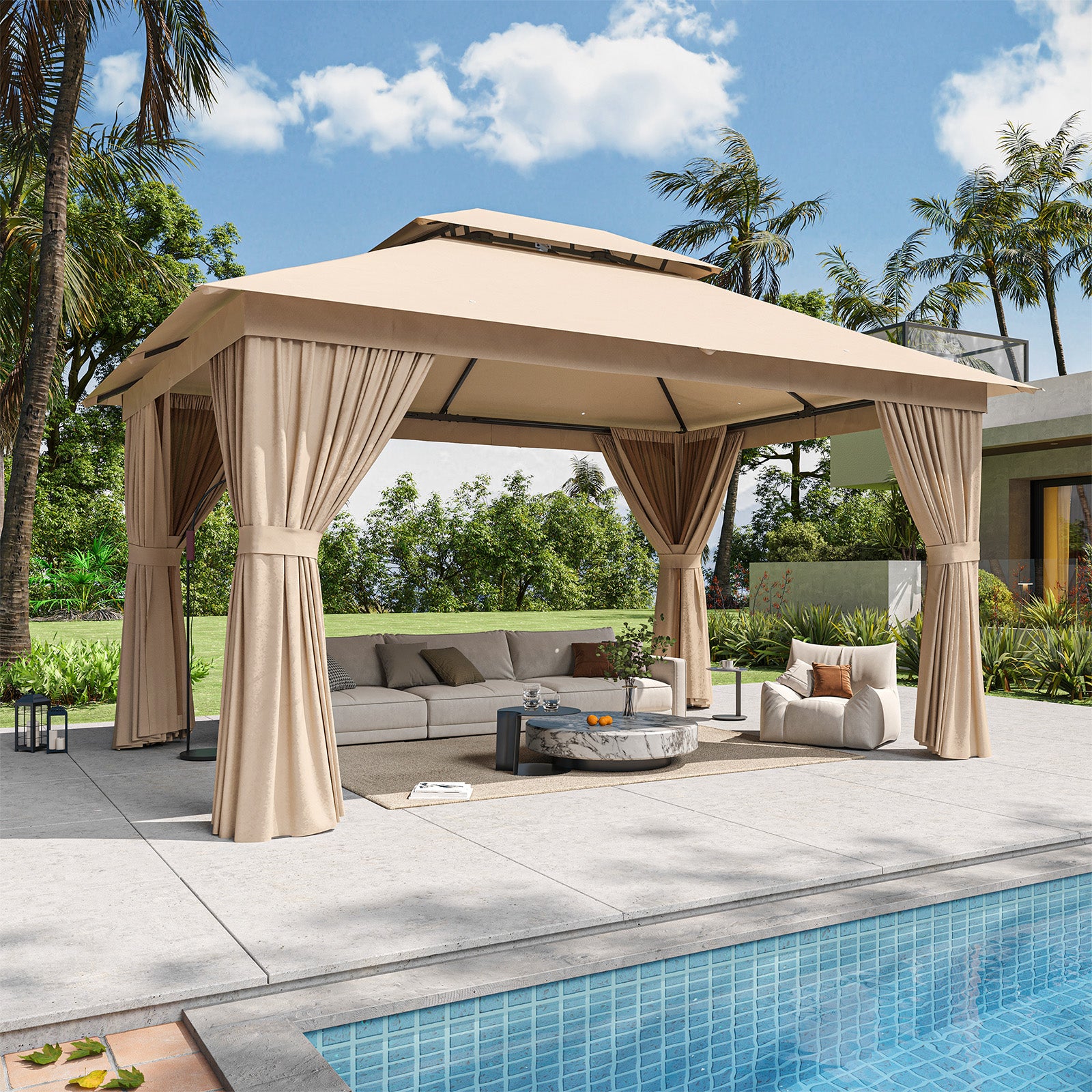 Breezestival 12'x10' Gazebo, Outdoor Gazebo Metal Frame Canopy with Double Roofs, Heavy Duty Patio Tent Shelter with Mosquito Netting and Privacy Screen for Backyard, Beige