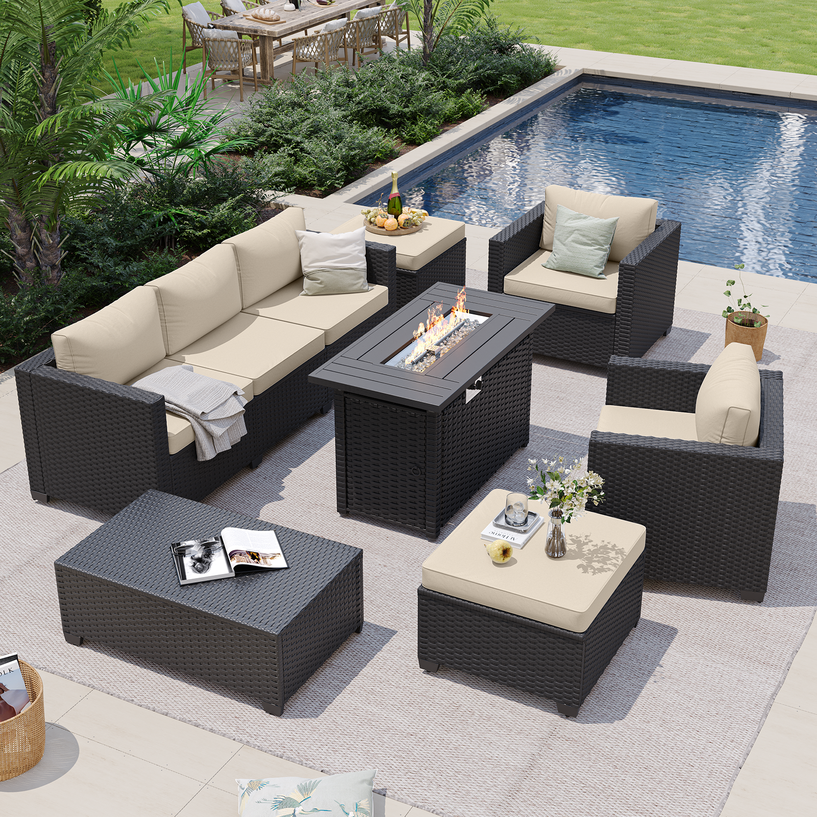 Aoxun Patio Furniture Set with Fire Pit Table, 6 Seats Outdoor Furniture Set with Wicker Ottomans, Rattan Outdoor Sectional Sofa with Thickened Cushion & Waterproof Cover Navy Blue
